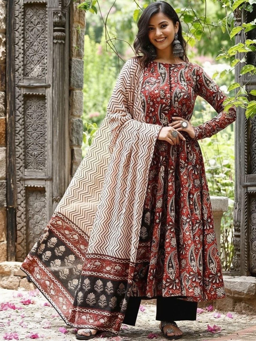 KALINI Paisley Printed Round Neck Panelled Anarkali Kurta With Palazzos & Dupatta - view 1