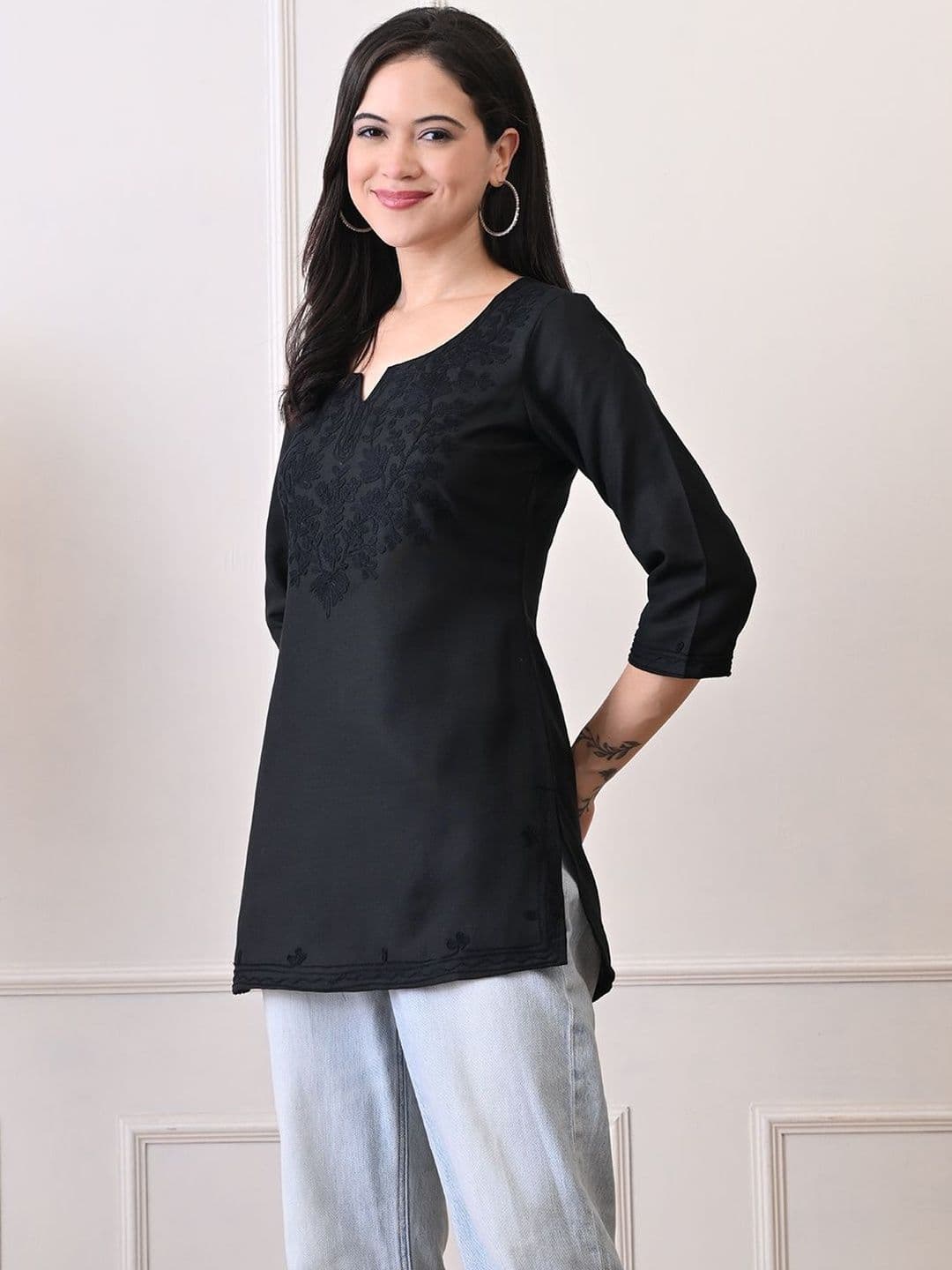 KALINI Black Women Embroidered Pure Cotton Kurti - view 1