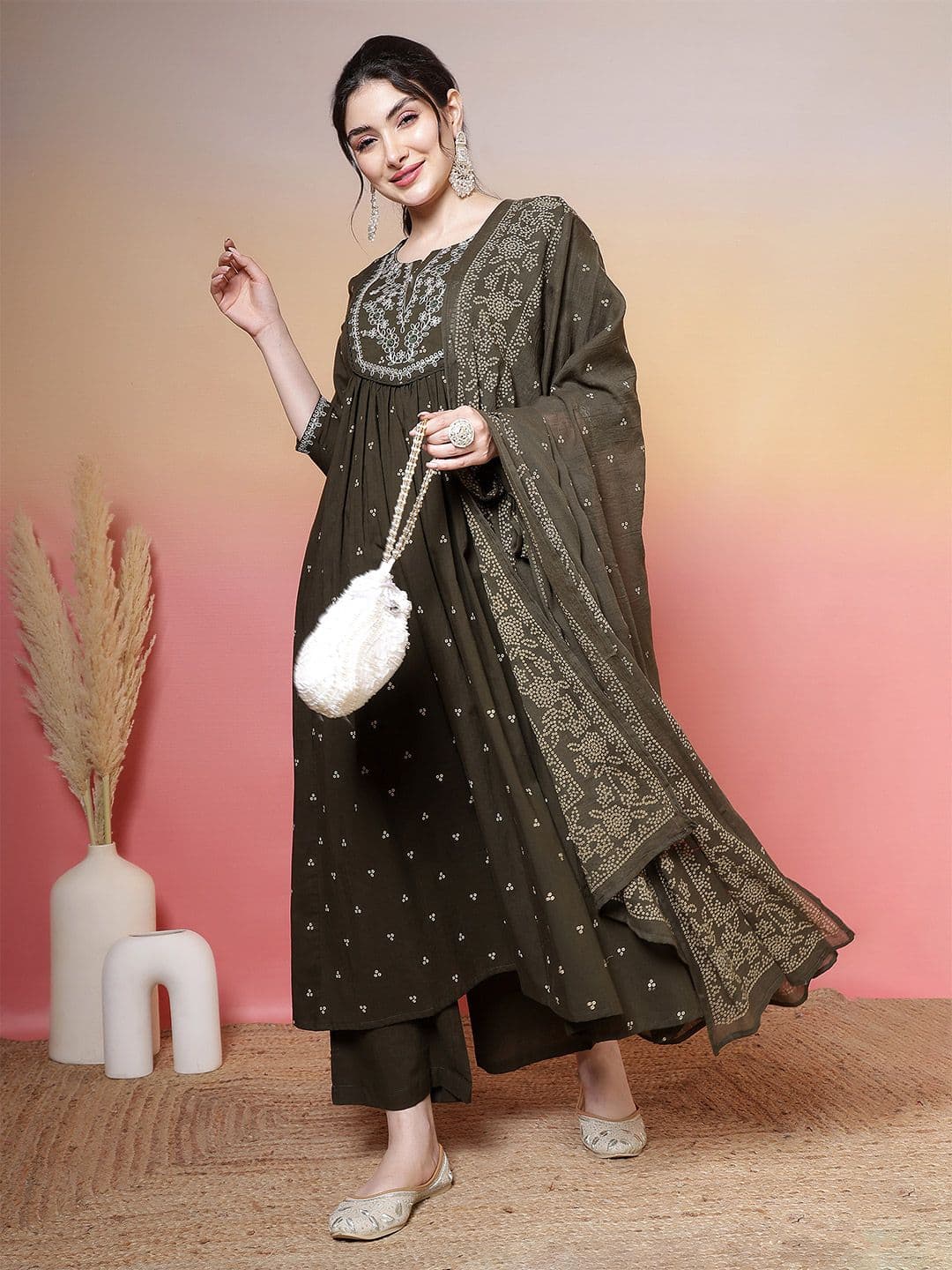 GULMOHAR JAIPUR Ethnic Motifs Printed Notch Neck Pure Cotton Kurta With Palazzos & Dupatta Set - view 1