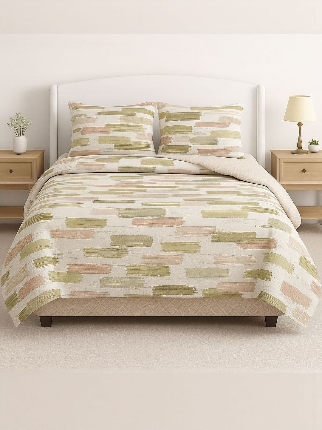 Signature Green & Beige Polycotton 4 Piece Double King Superfine Bedding Set - view 1