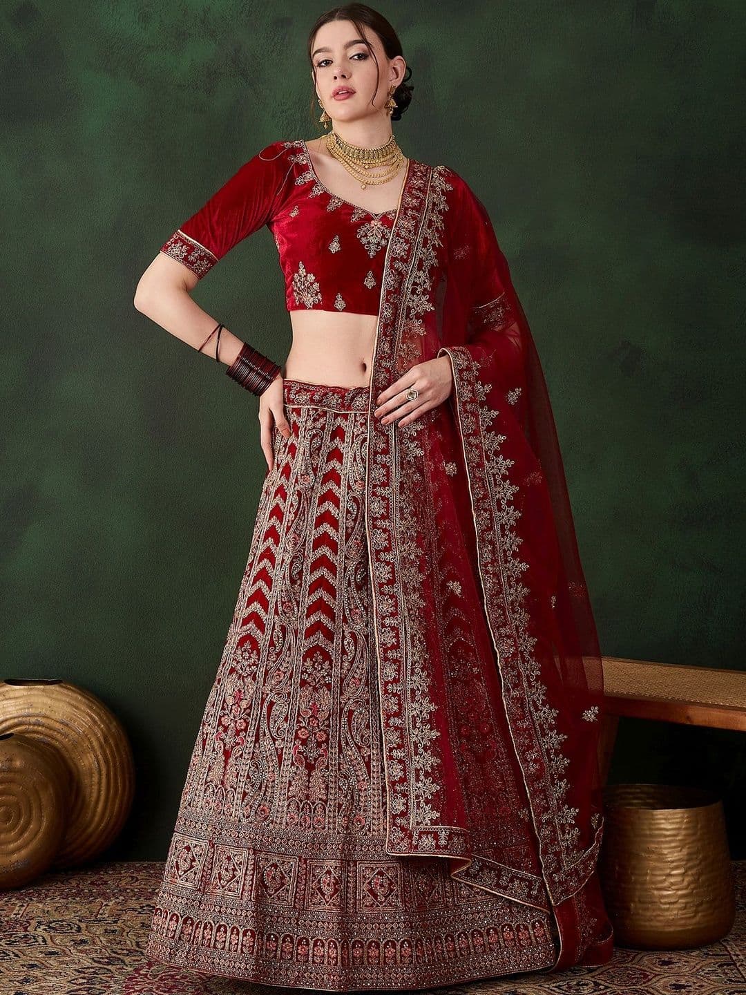 Suha Women Maroon Velvet Embroidered Unstitched Lehenga Choli With Dupatta - view 1