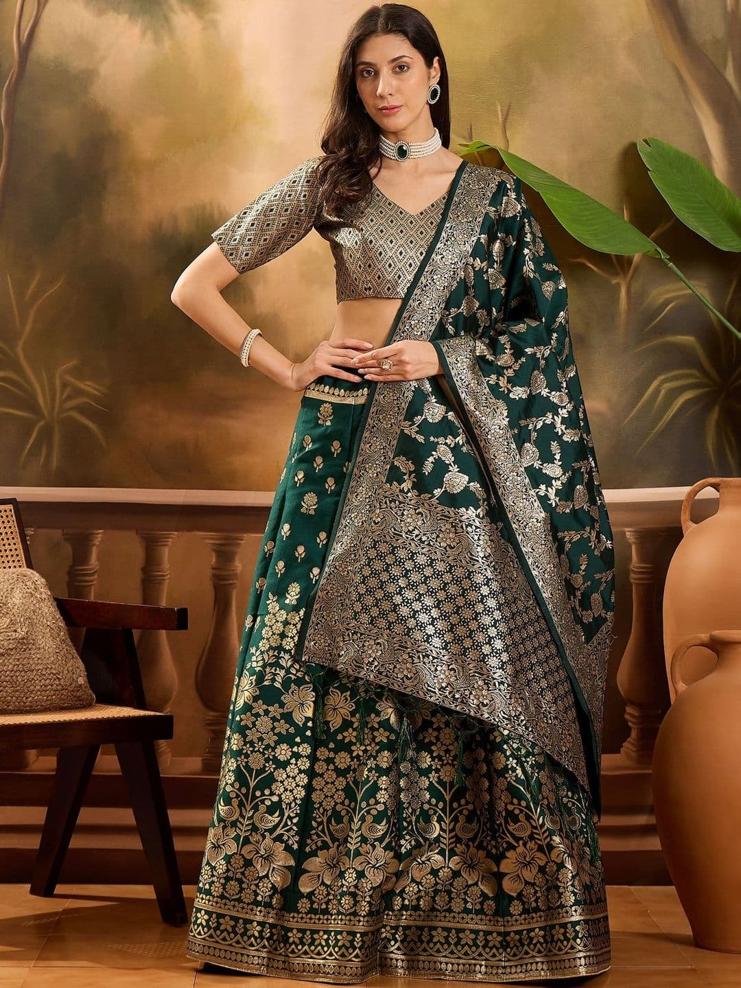 Suha Women Green Art Silk Woven Design Unstitched Lehenga Choli - view 1