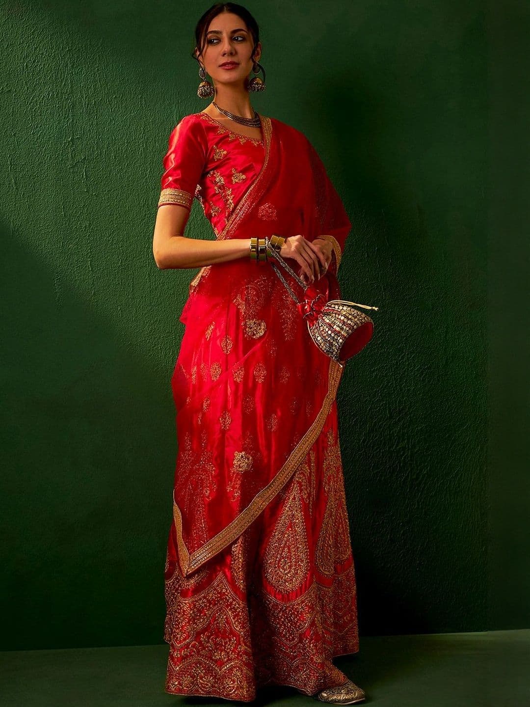 Suha Women Red Satin Embroidered Unstitched Lehenga Choli - view 1