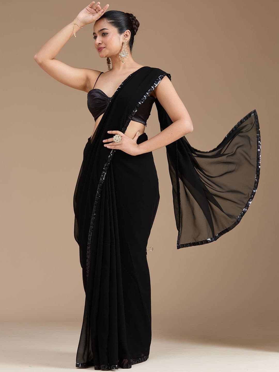 Koskii Women Sequins Black Georgette Saree With Unstitched Blouse - view 1