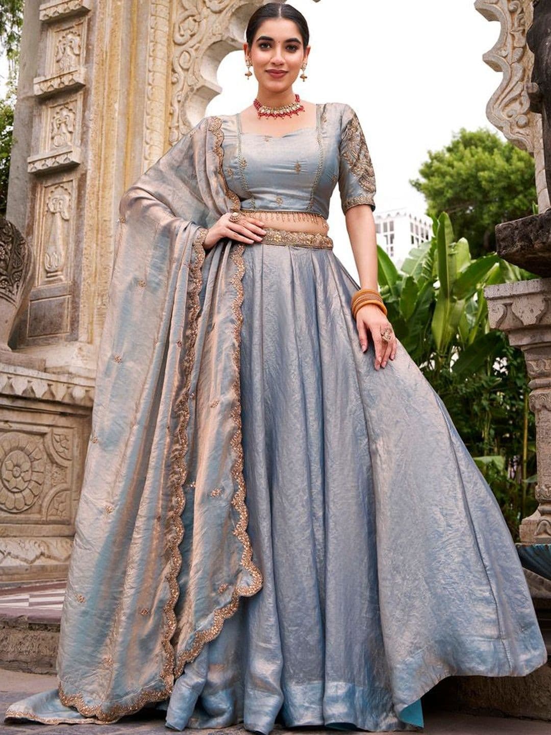 LOOKNBOOK ART Metallic Sky Blue Fendi Silk Lehenga Choli Set with Zari Weaving Dupatta - view 1