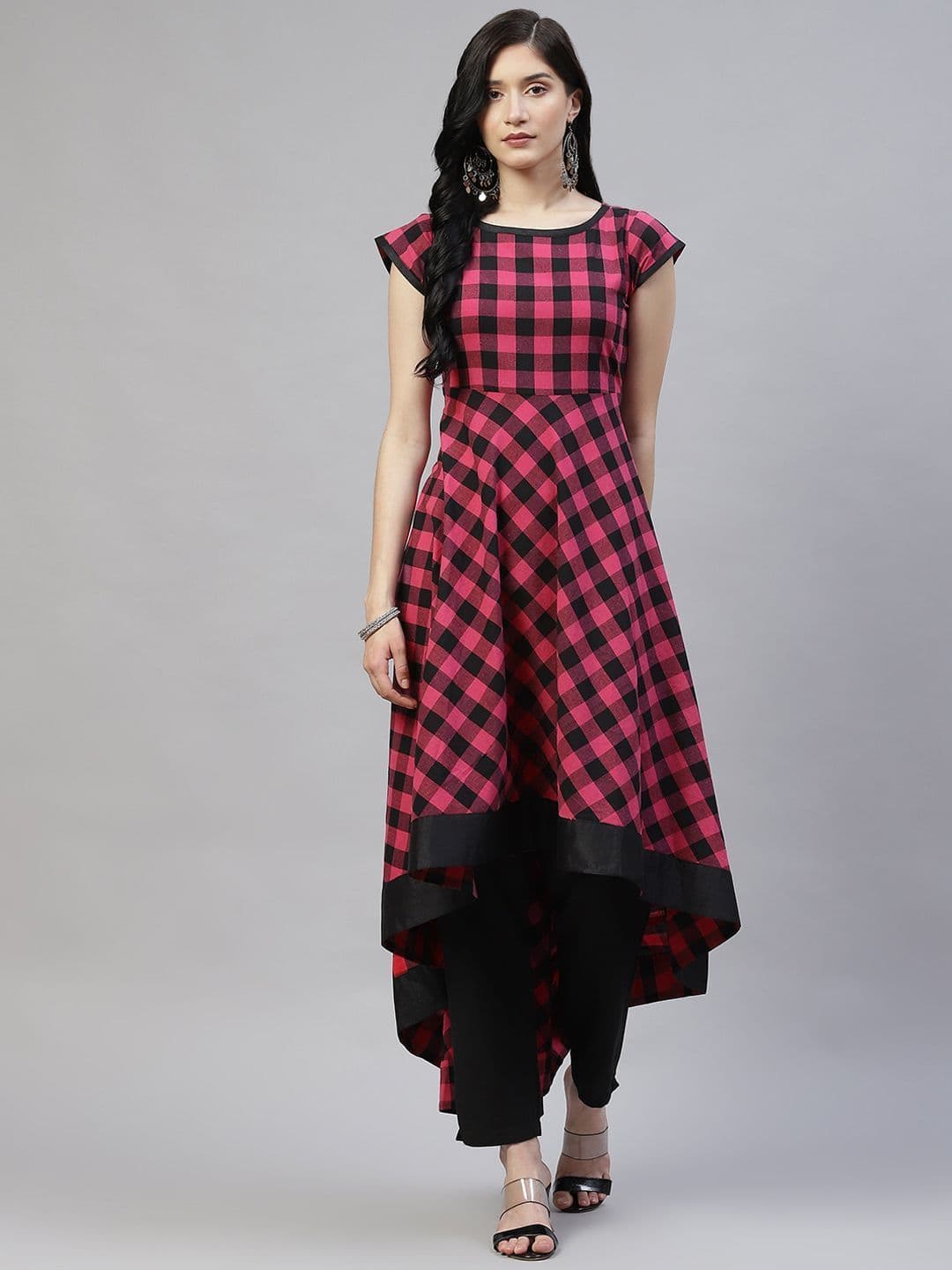Chandbaali Women Checked Cap Sleeves Cotton Anarkali Kurta - view 1