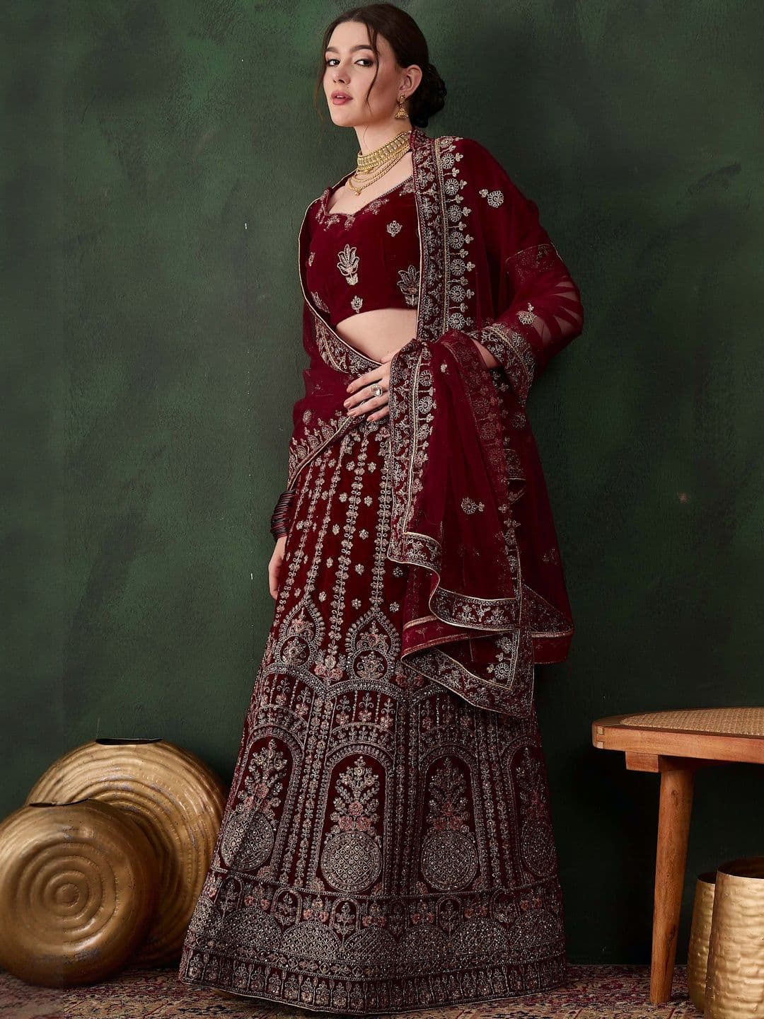 Suha Women Maroon Velvet Embroidered Unstitched Lehenga Choli - view 1