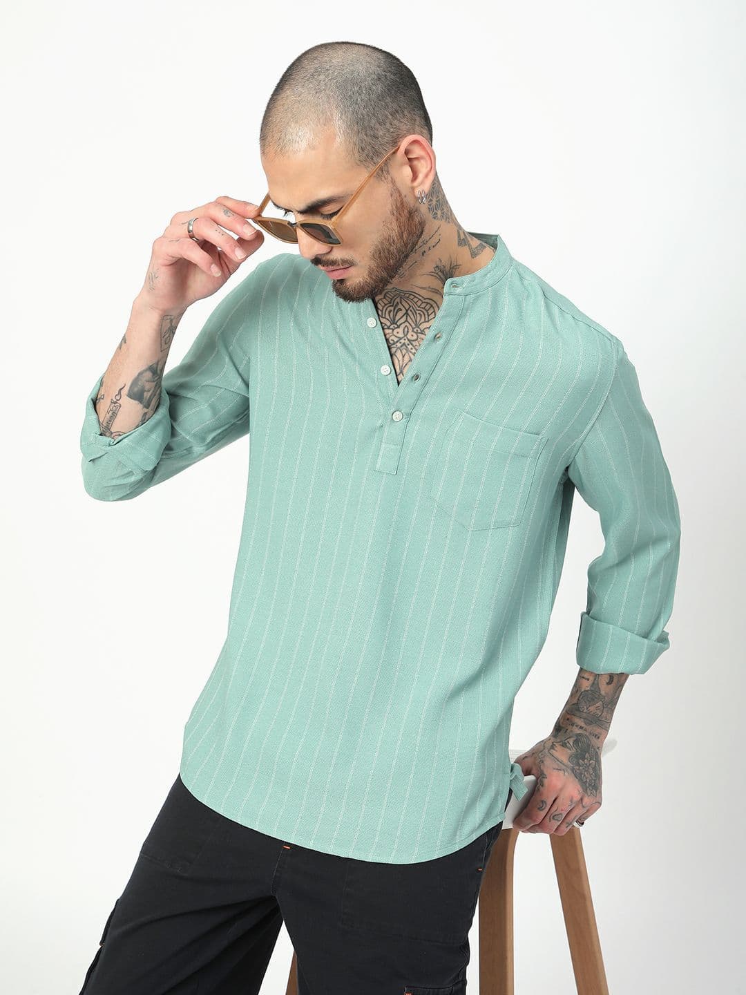 VASTRADO Men Green Striped Festive Cotton Straight Republic Day Kurta - view 1