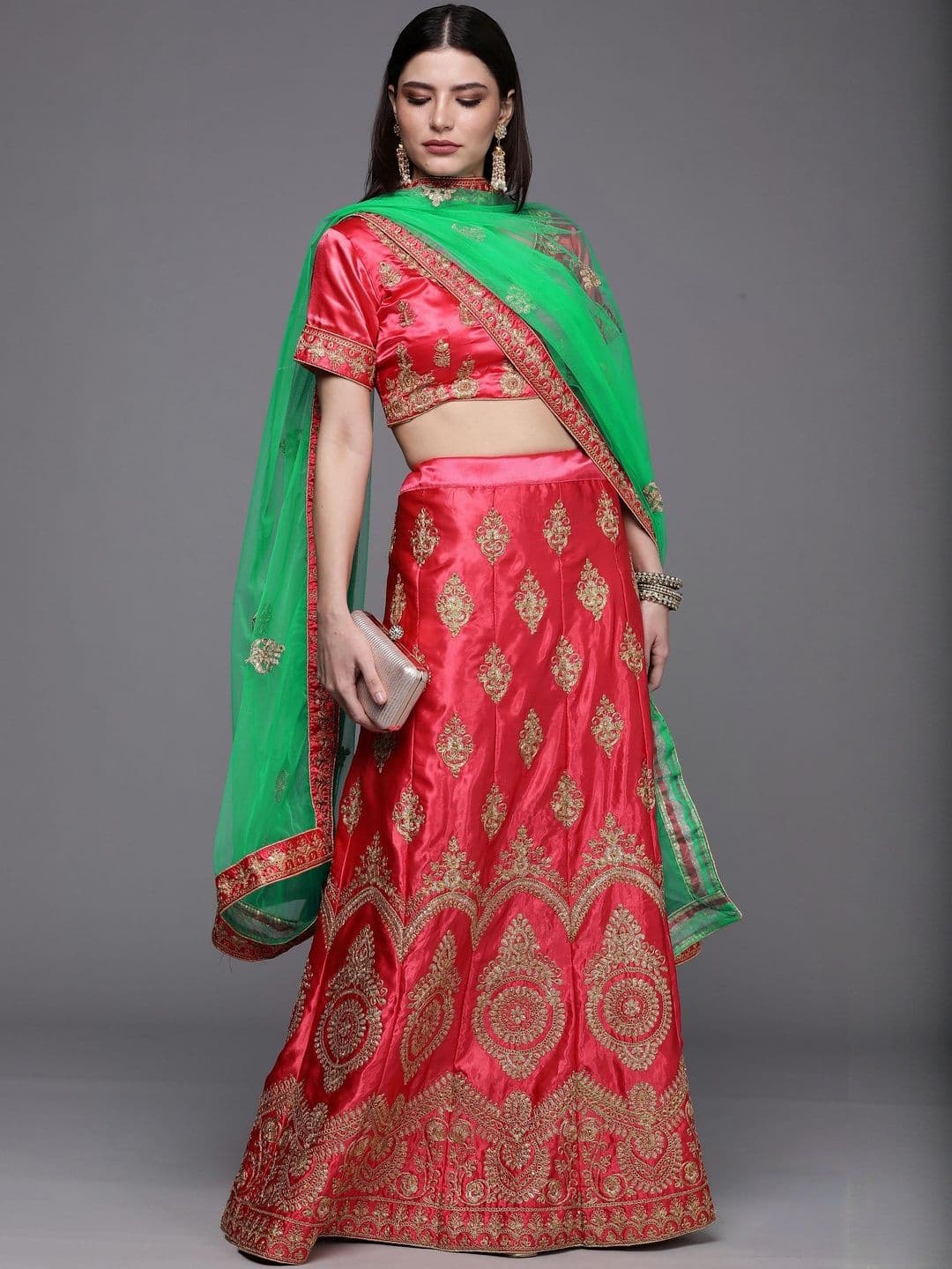 Suha Women Pink Satin Embroidered Unstitched Lehenga Choli - view 1