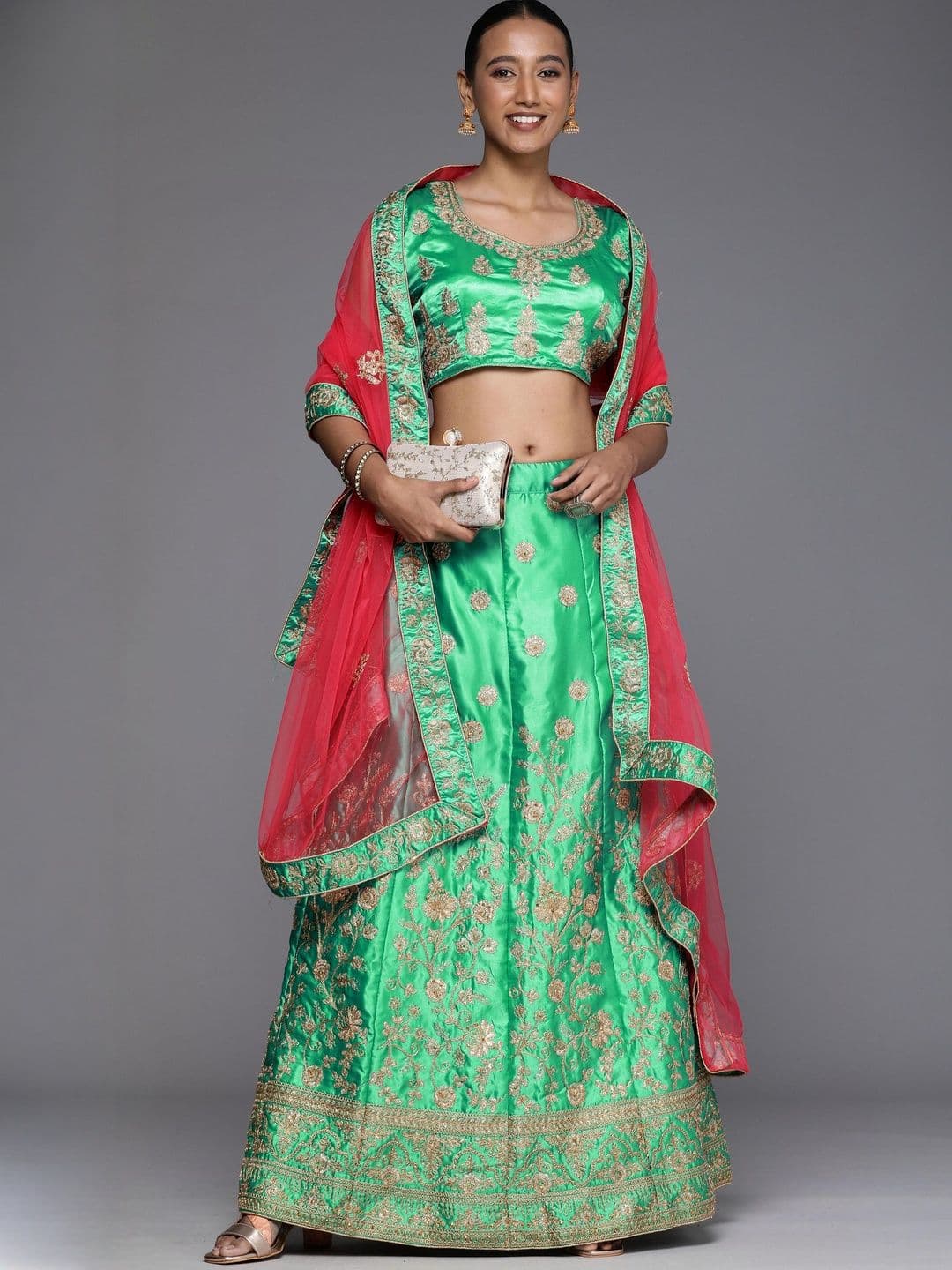 Suha Women Green Satin Embroidered Unstitched Lehenga Choli - view 1