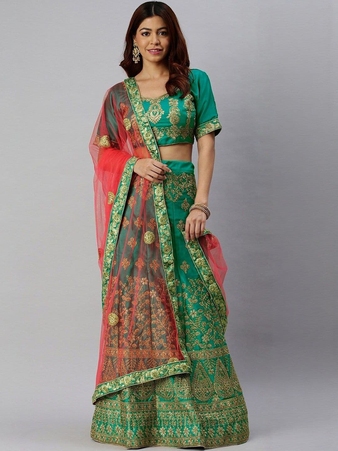 Suha Women Green Satin Embroidered Unstitched Lehenga Choli - view 1