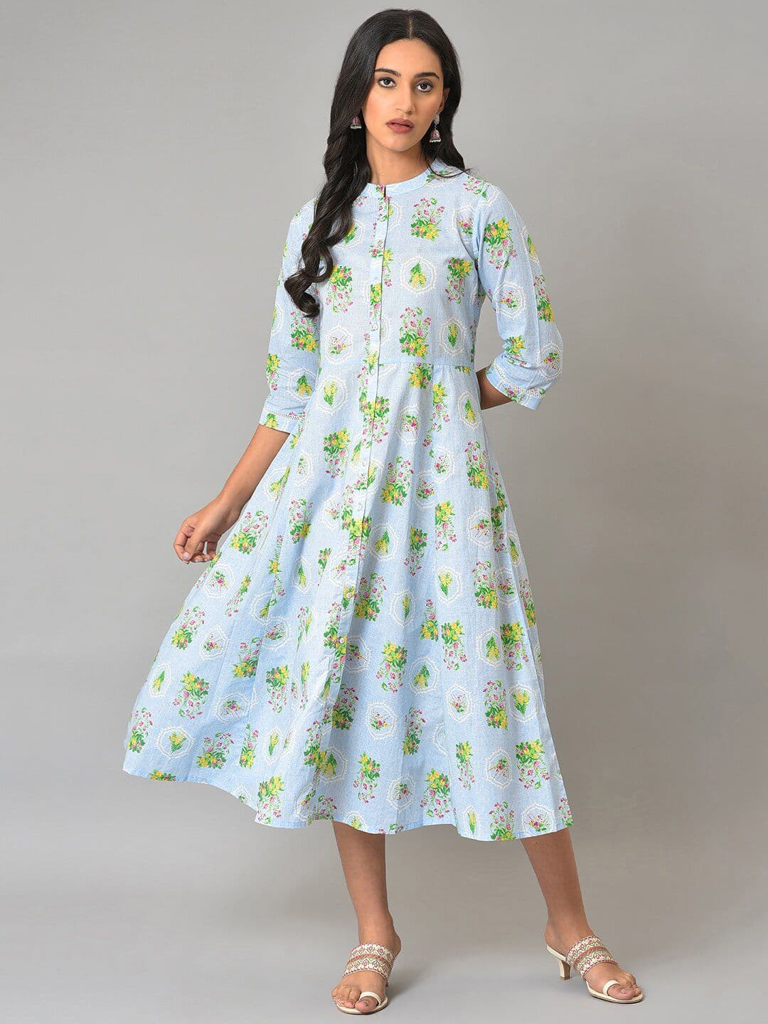 W Floral Printed Pure Cotton Mandarin Collar A-Line Midi Dress - view 1