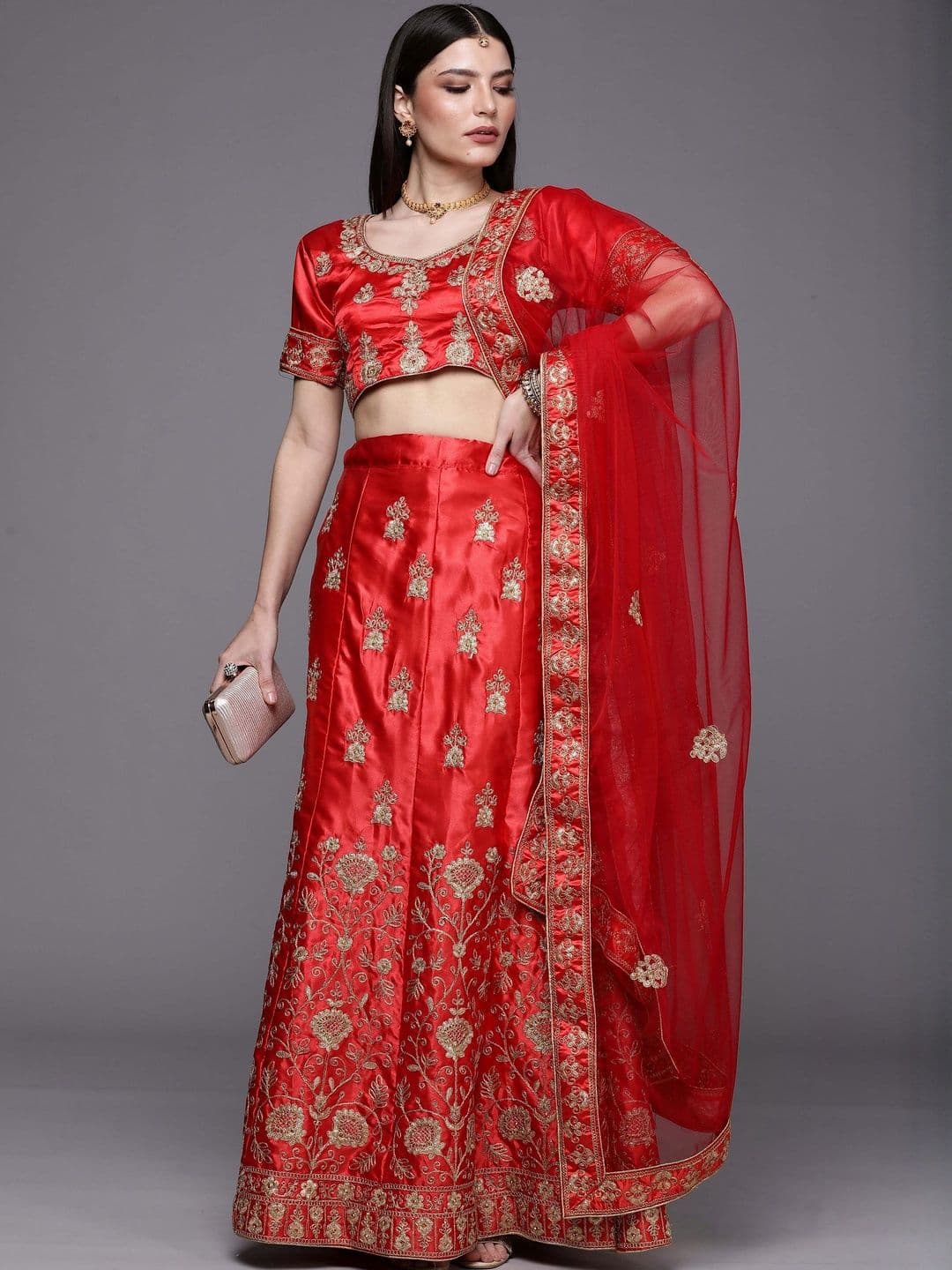 Suha Women Red Satin Embroidered Unstitched Lehenga Choli - view 1