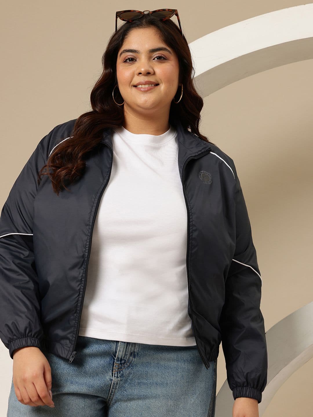 Sztori Plus Size Contrast Piping Bomber Jacket - view 1