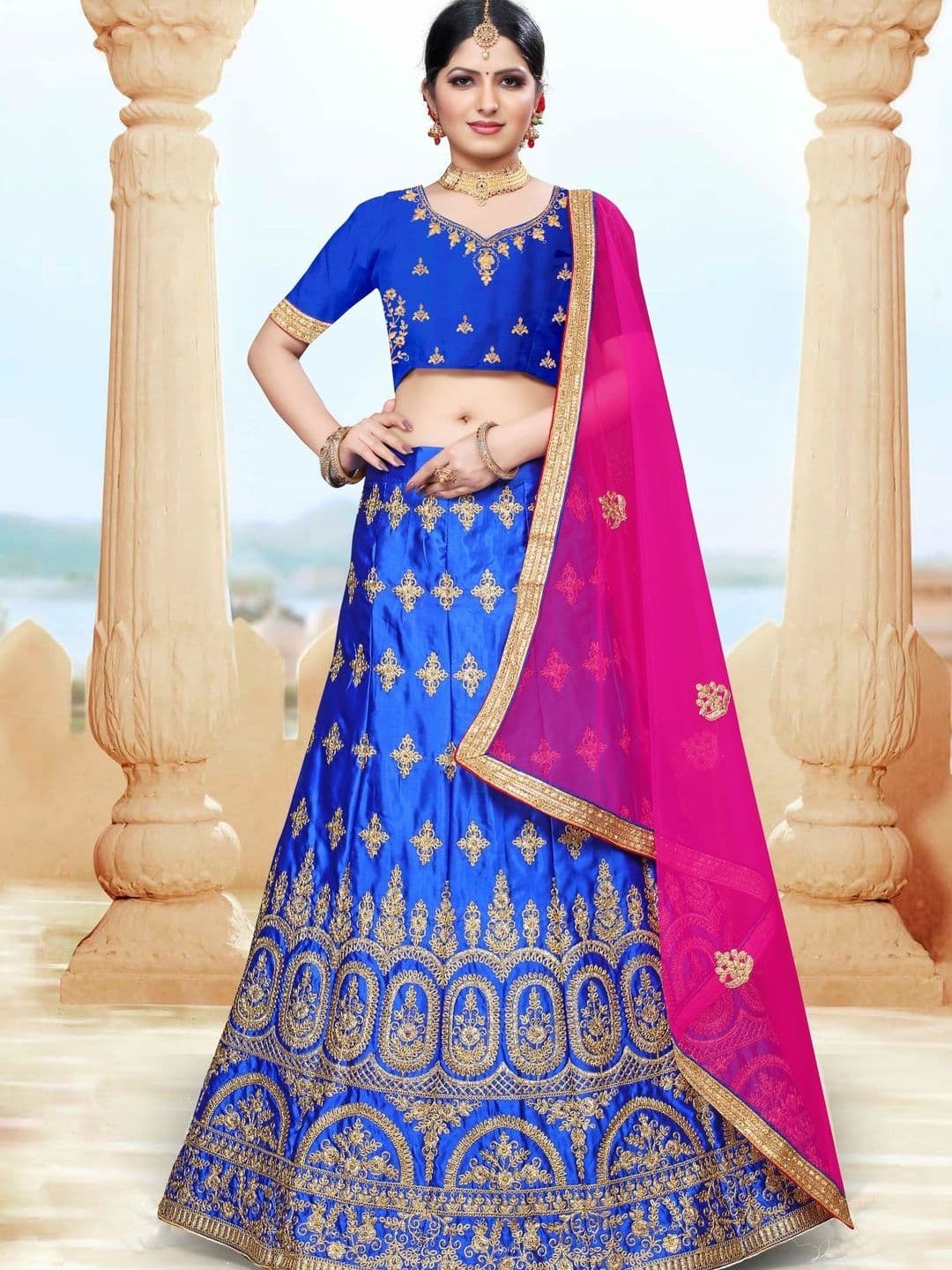Suha Women Satin Embroidered Unstitched Lehenga Choli With Dupatta - view 1