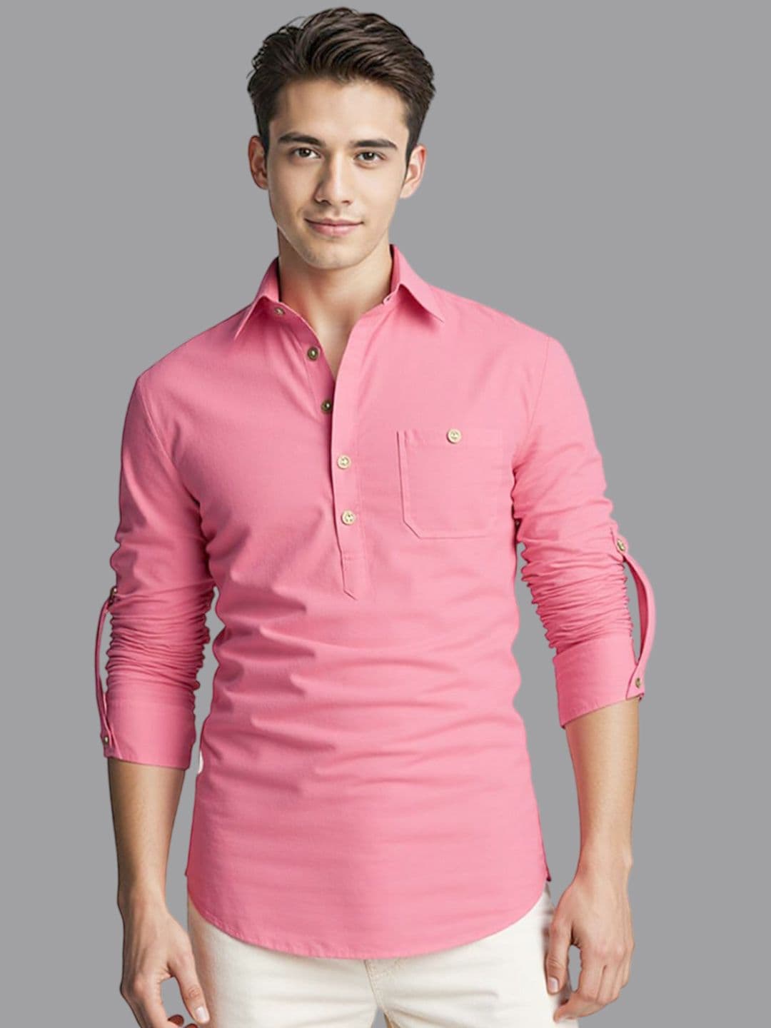 univibe Men Solid Mandarin Collar Full Sleeve Above Knee Kurta - view 1