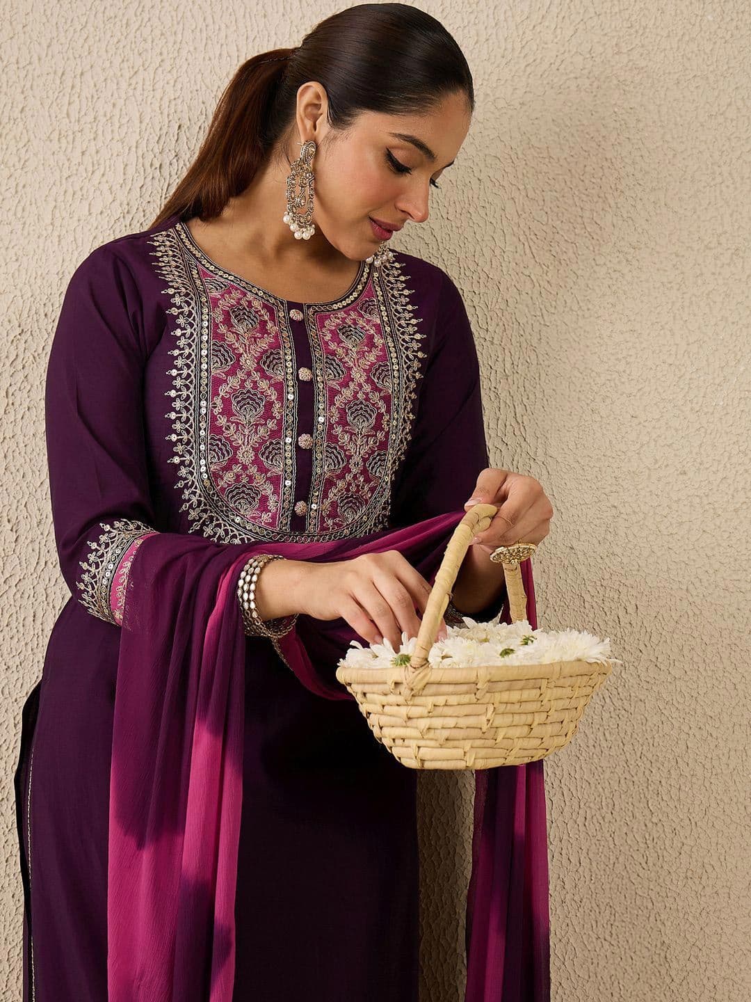 Indo Era Ethnic Motifs Embroidered Thread Work Straight Kurta With Trousers & Dupatta - view 1