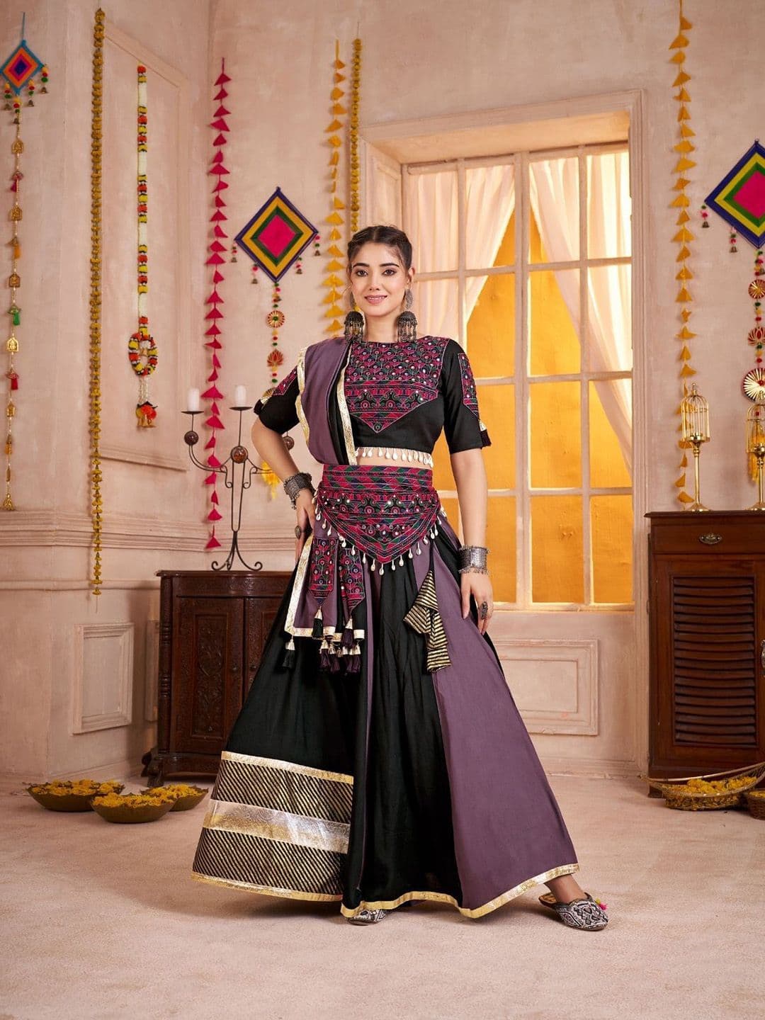 ODETTE Black Embroidered Thread Work Semi-Stitched Cotton Lehenga & Unstitched Blouse Dupatta - view 1