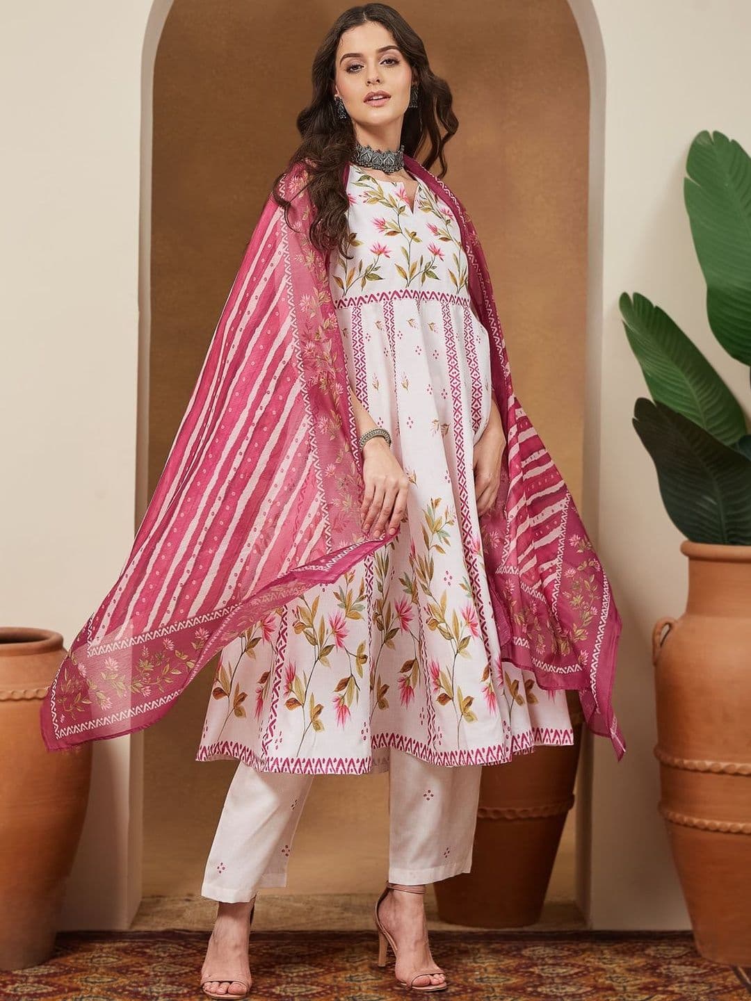 Janasya Floral Printed Pleated Anarkali Pure Cotton Kurta With Trousers & Dupatta Set - view 1