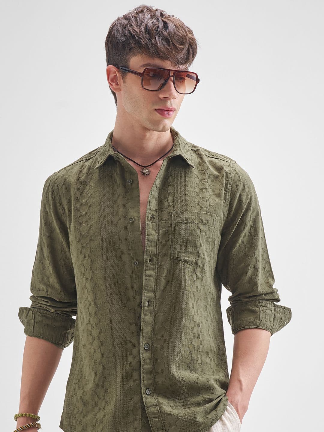 HIGHLANDER Men Textured Spread Collar Cotton Casual Shirt - view 1