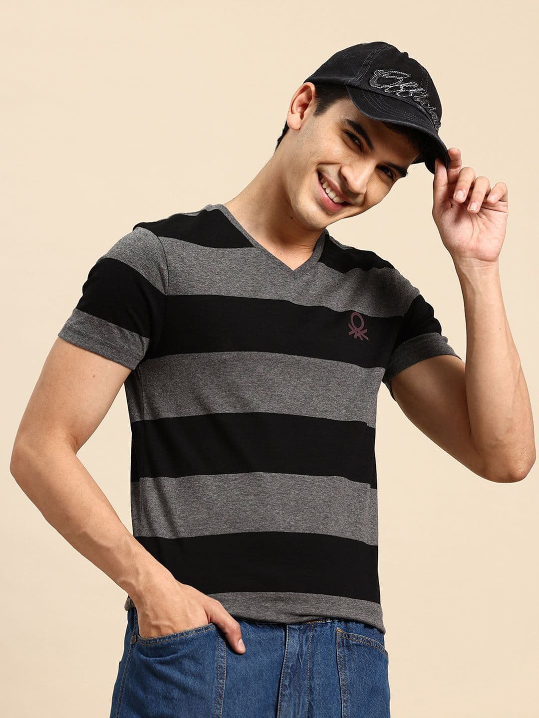 United Colors of Benetton Brand Logo Detail Horizontally Striped V-Neck T-shirt - view 1