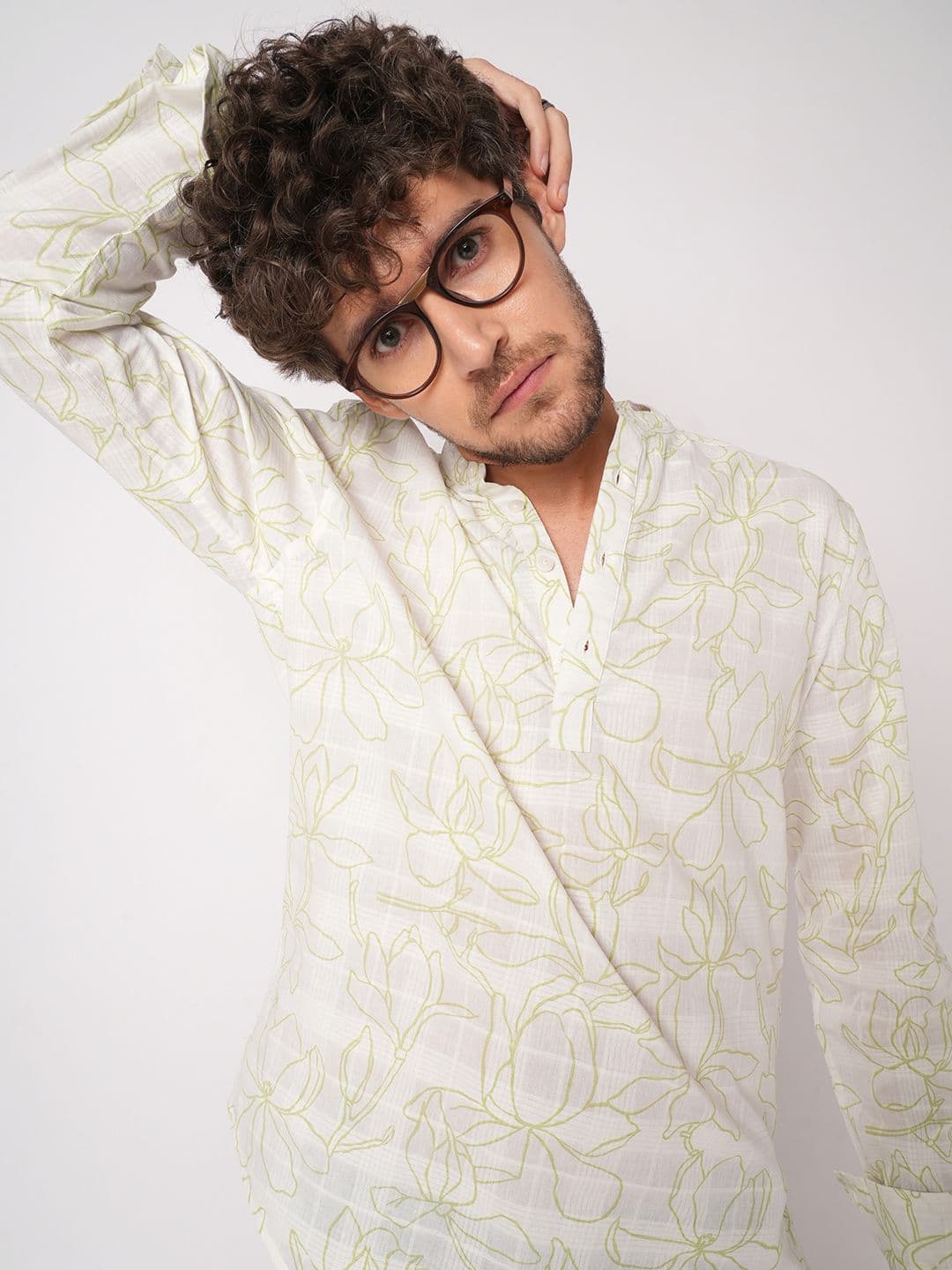 VASTRADO White Wildflower Printed Band Collar Cotton Straight Kurta - view 1
