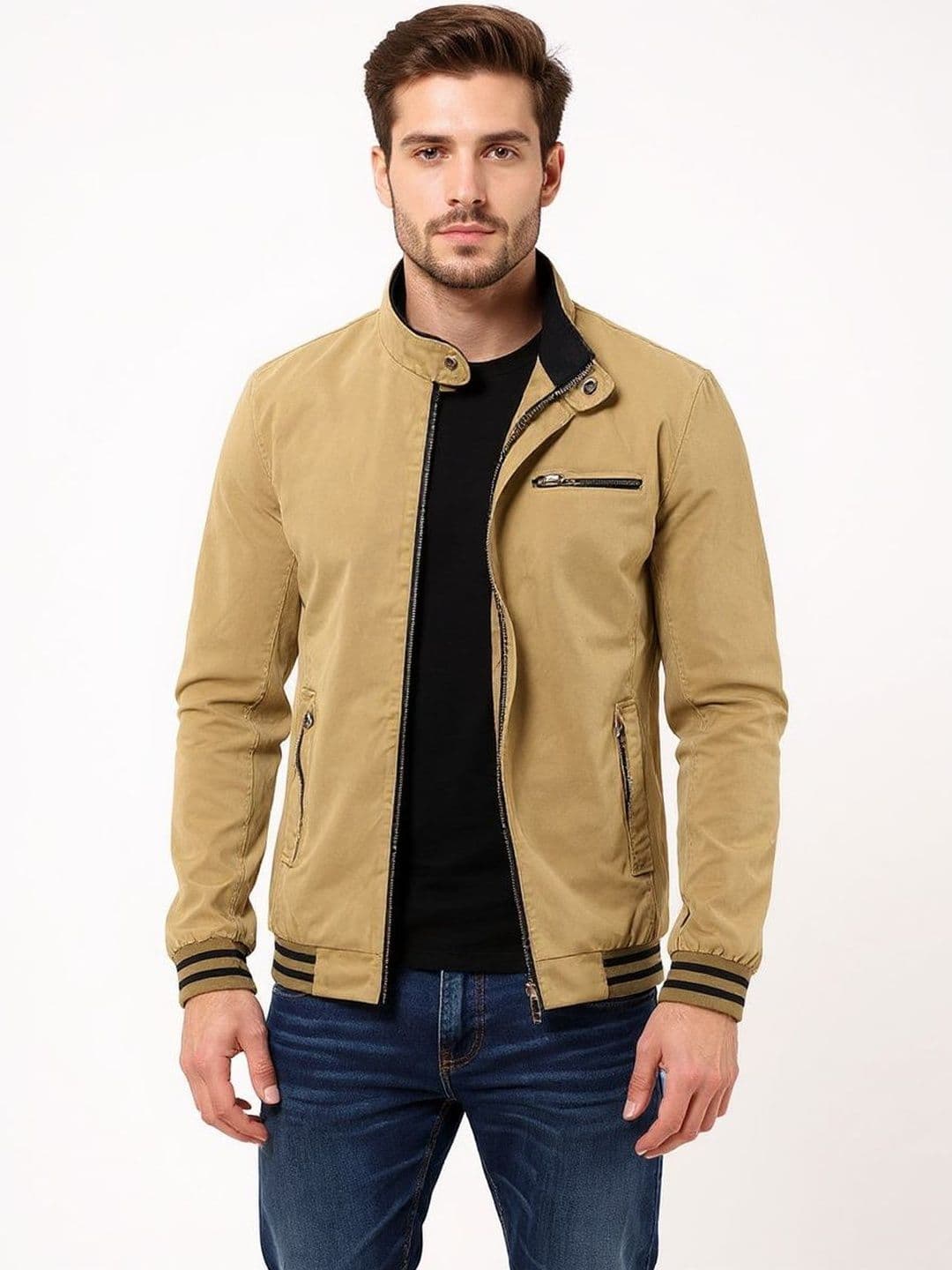 HERE&NOW Men Brown Mandarin Collar Insulator Polyester Tailored Jacket - view 1