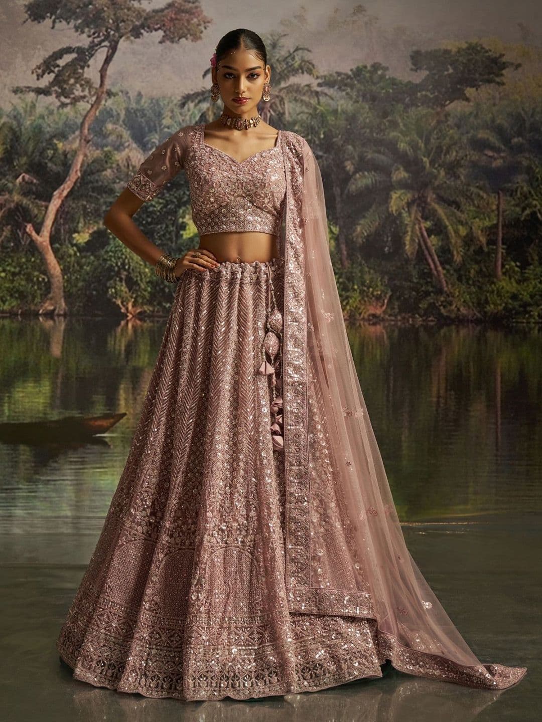 ODETTE Embroidered Sequinned Semi-Stitched Net Lehenga & Unstitched Blouse With Dupatta - view 1