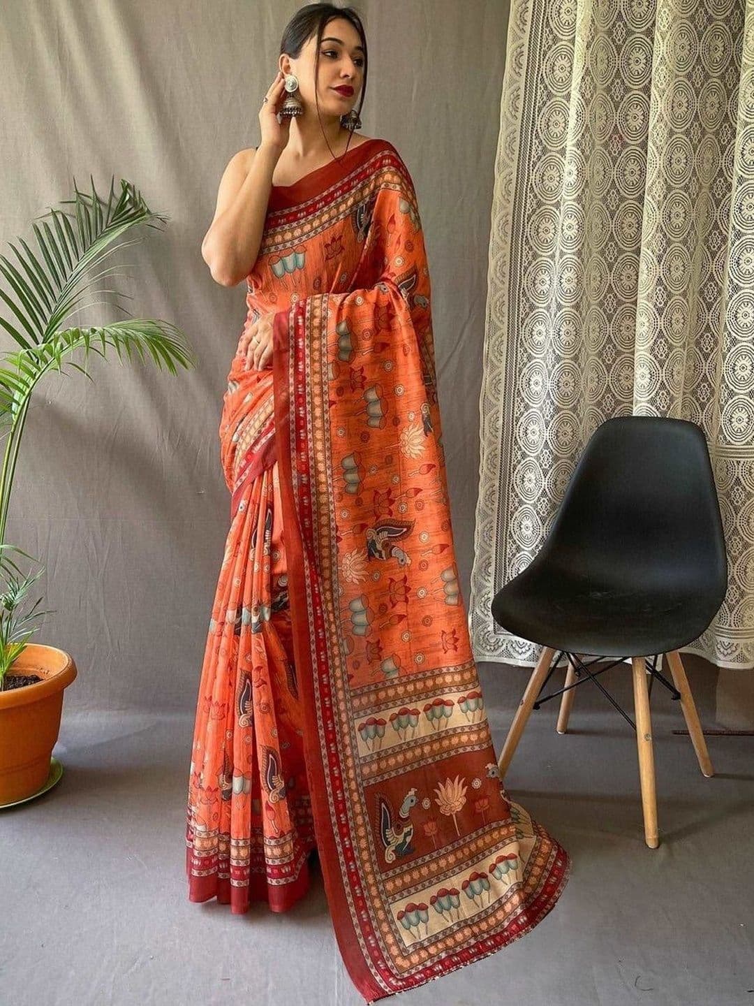 PHEASANT Ethnic Motifs Printed Pure Linen Block Print Saree - view 1