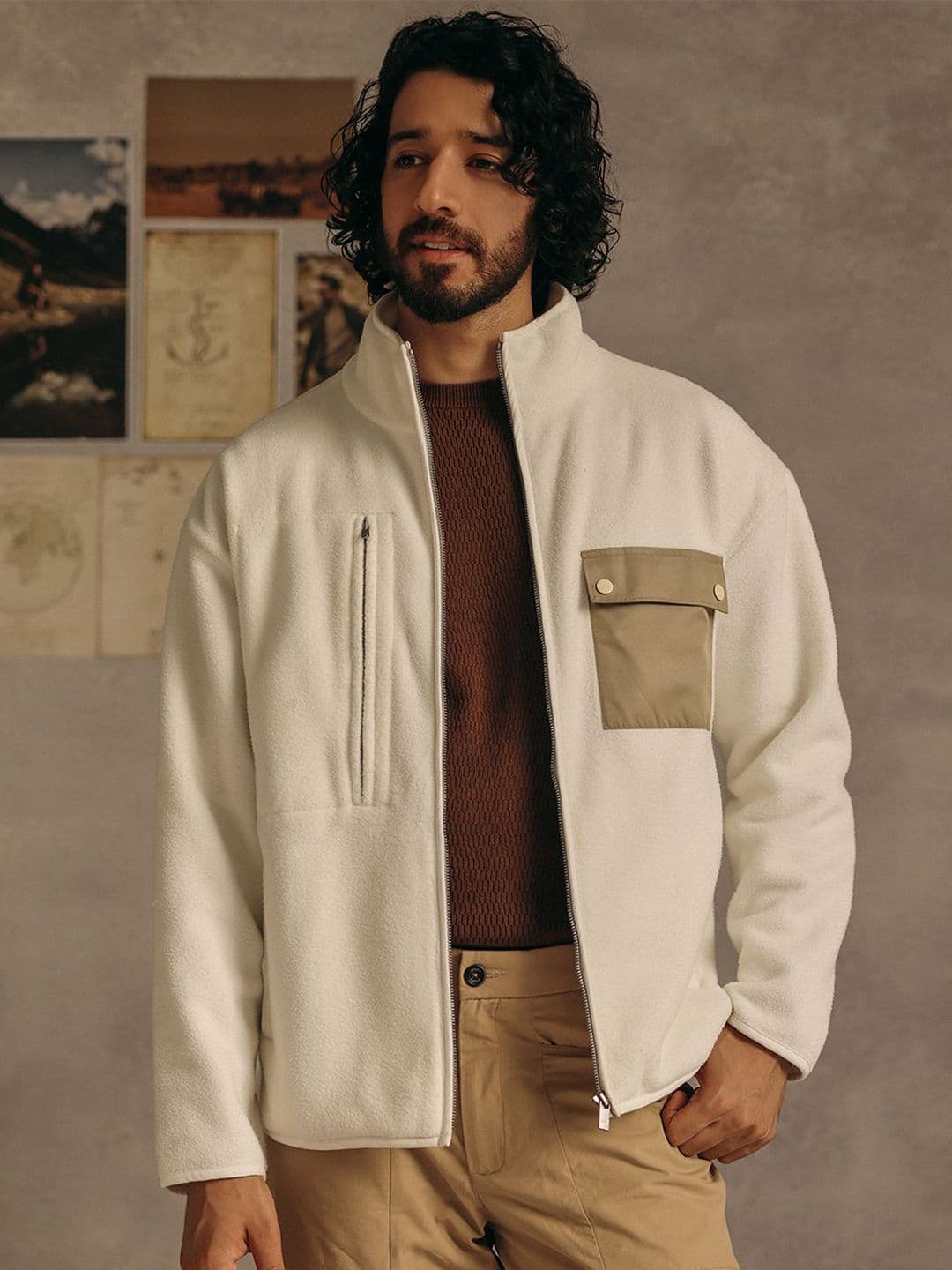 Andamen Men Stand Collar Solid Cotton Sherpa Jacket - view 1