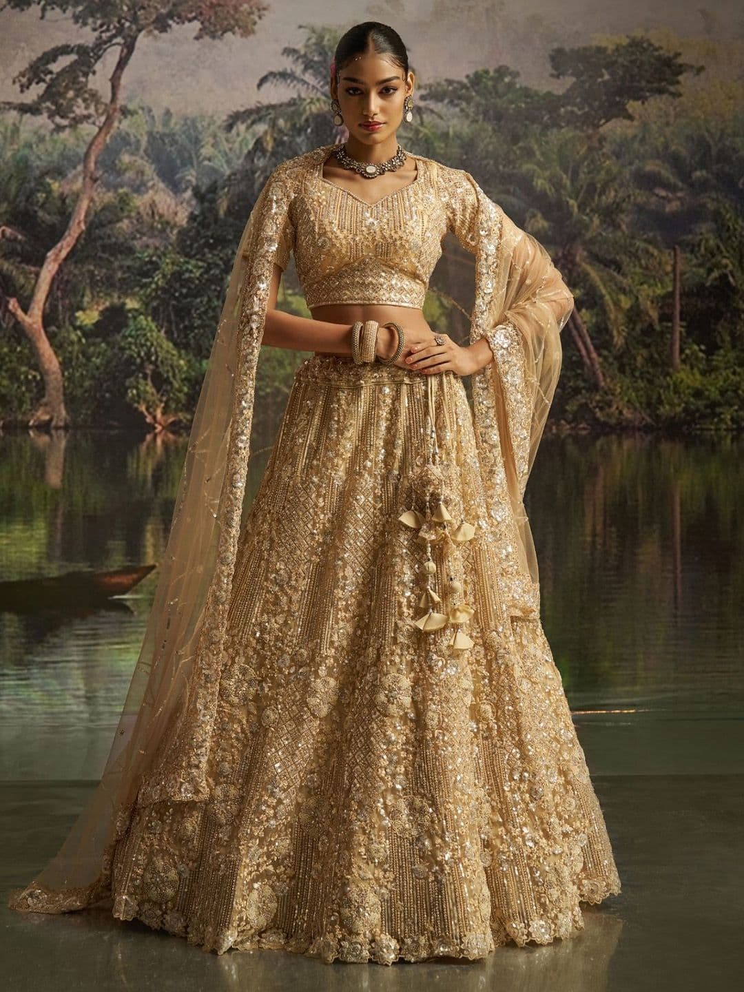 ODETTE Embroidered Sequinned Semi-Stitched Net Lehenga & Unstitched Blouse With Dupatta - view 1