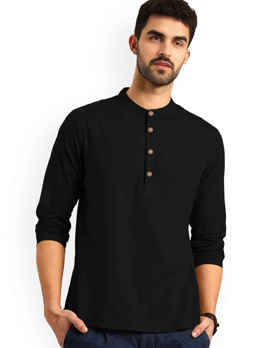 KNOWTED Men Band Collar Cotton Straight Kurta - view 1