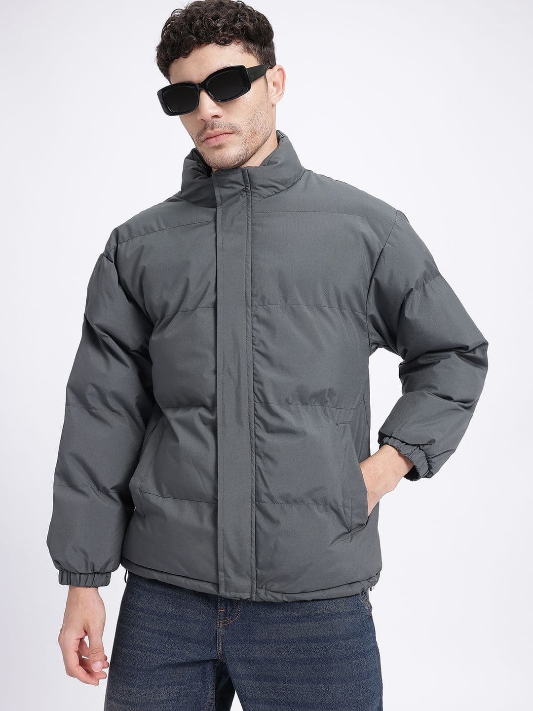 HERE&NOW Men Grey Mock Collar Puffer Jacket - view 1
