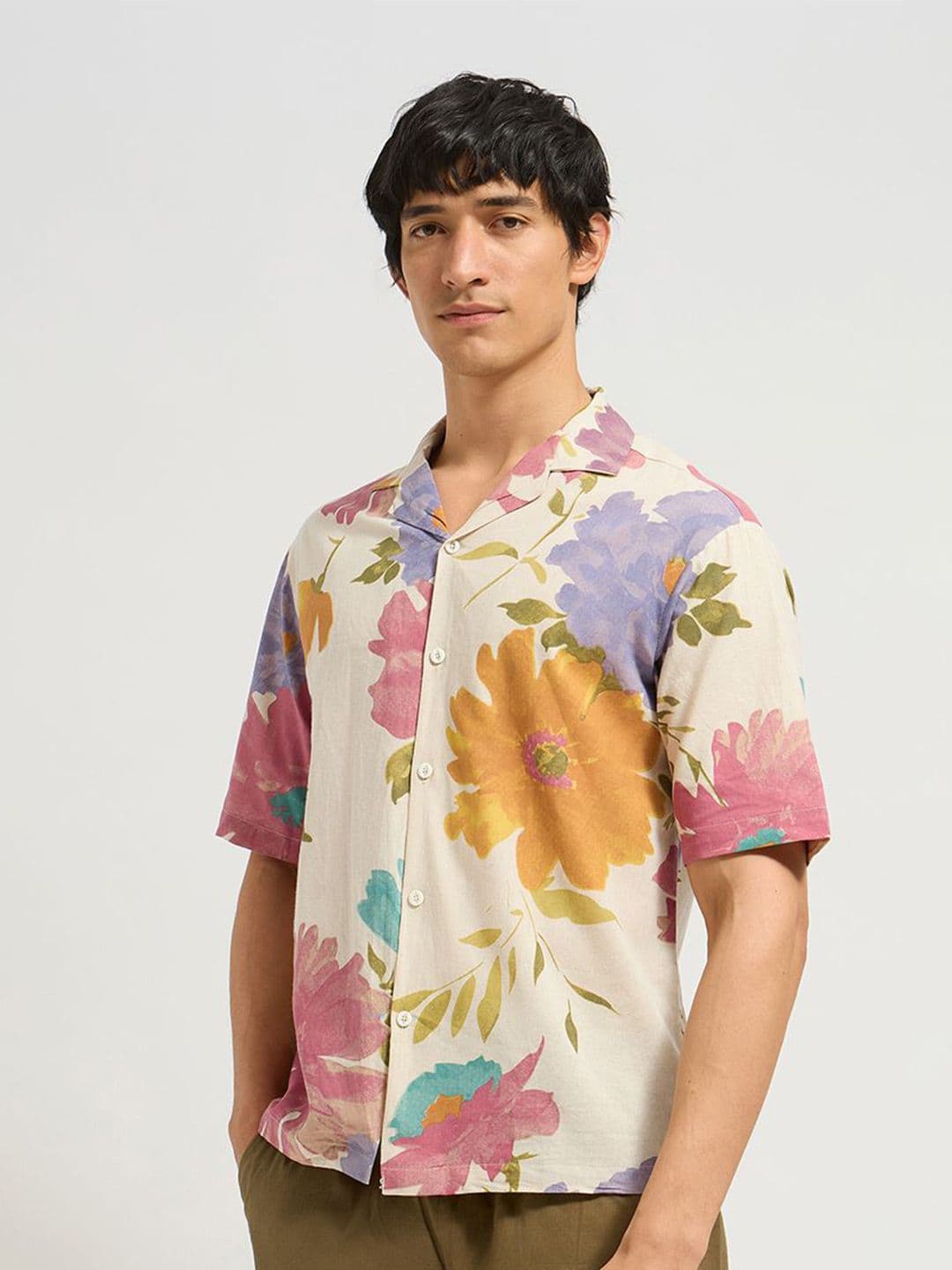 MISCHIEF MONKEY Men Classic Relaxed Fit Floral Printed Cuban Collar Pure Cotton Shirt - view 1