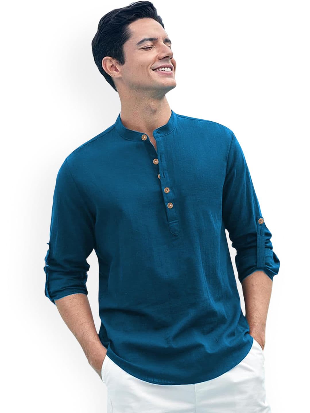 univibe Men Solid Mandarin Collar Full Sleeve Above Knee Kurta - view 1