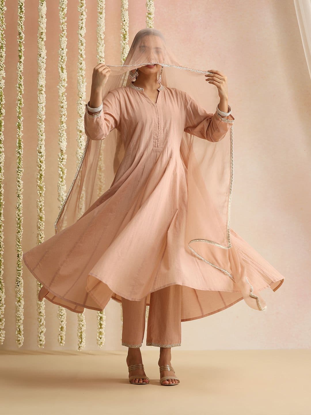 Khushal K Women Solid Pure Cotton Anarkali Kurta with Trousers & Dupatta - view 1