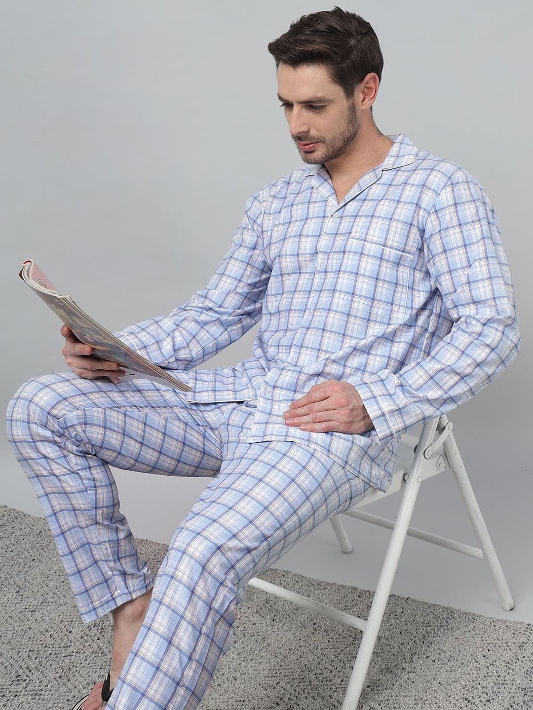 English Navy Men Checked Lapel Collar Shirt & Pyjamas Wrinkle Resistant Night suit - view 1