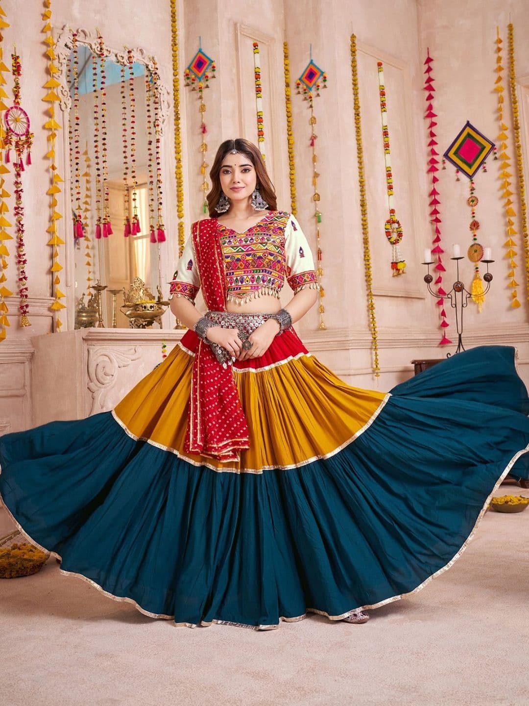 ODETTE Solid Embroidered Thread Work Semi-Stitched Cotton Lehenga & Unstitched Blouse Dupatta - view 1