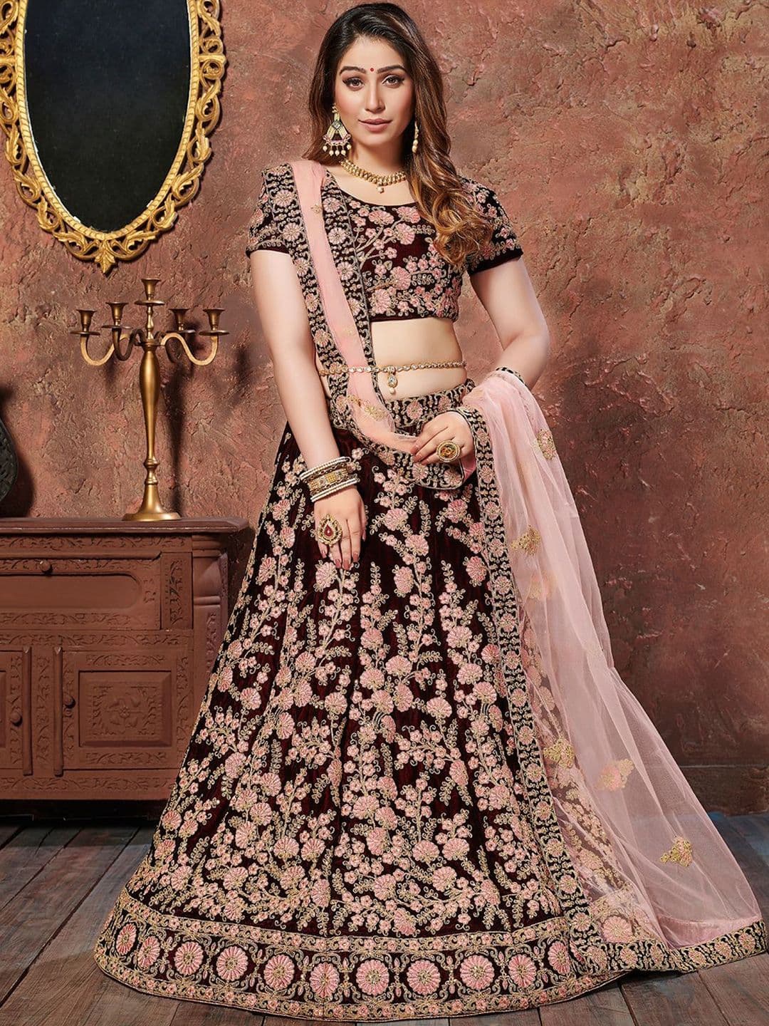 Zeel Clothing Embroidered Velvet Sequinned Lehenga & Unstitched Blouse With Dupatta - view 1