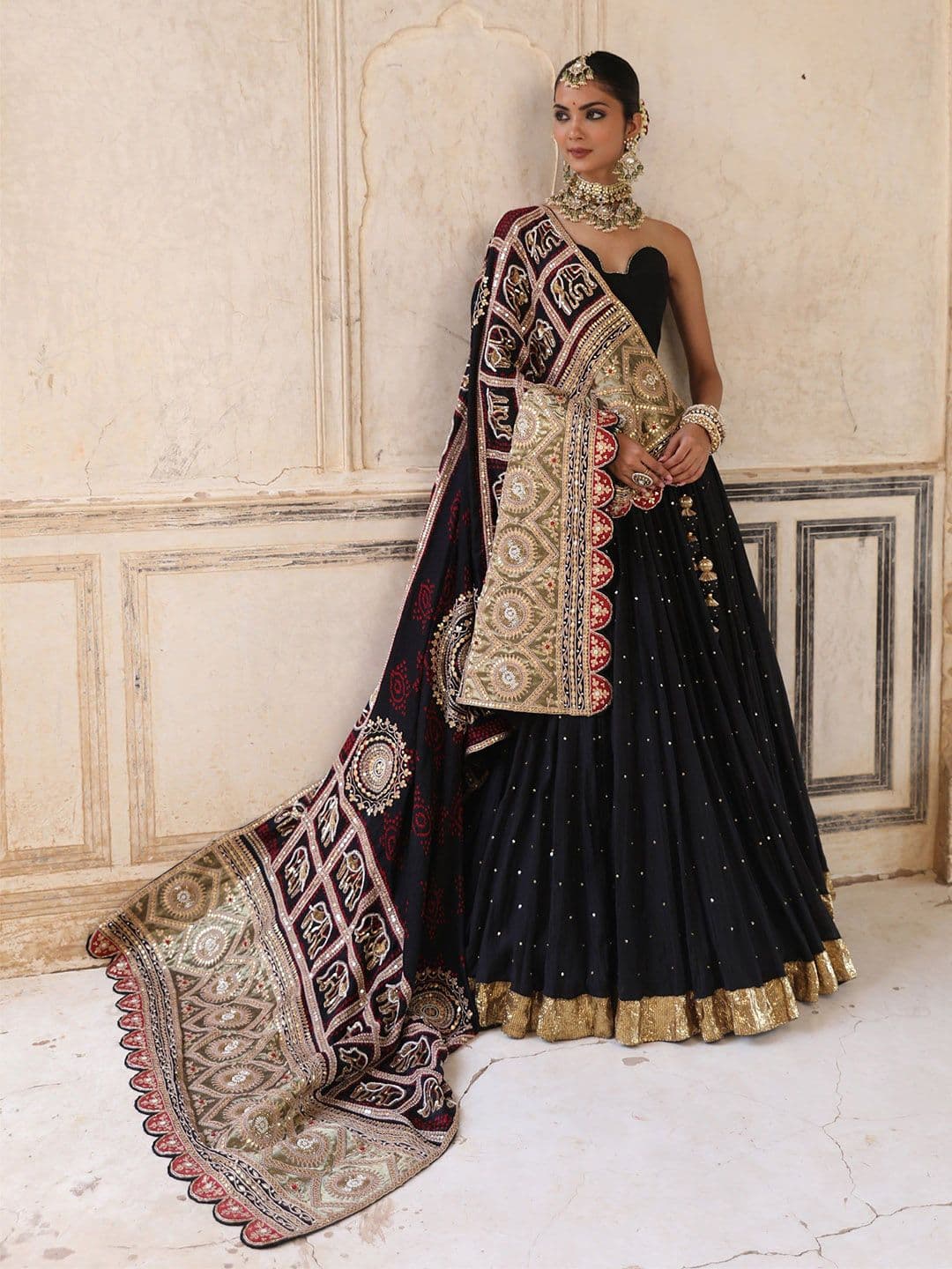 AMOREE Women Black Zardozi Silk Blend Embroidered Sequinned Flared Lehenga Set - view 1