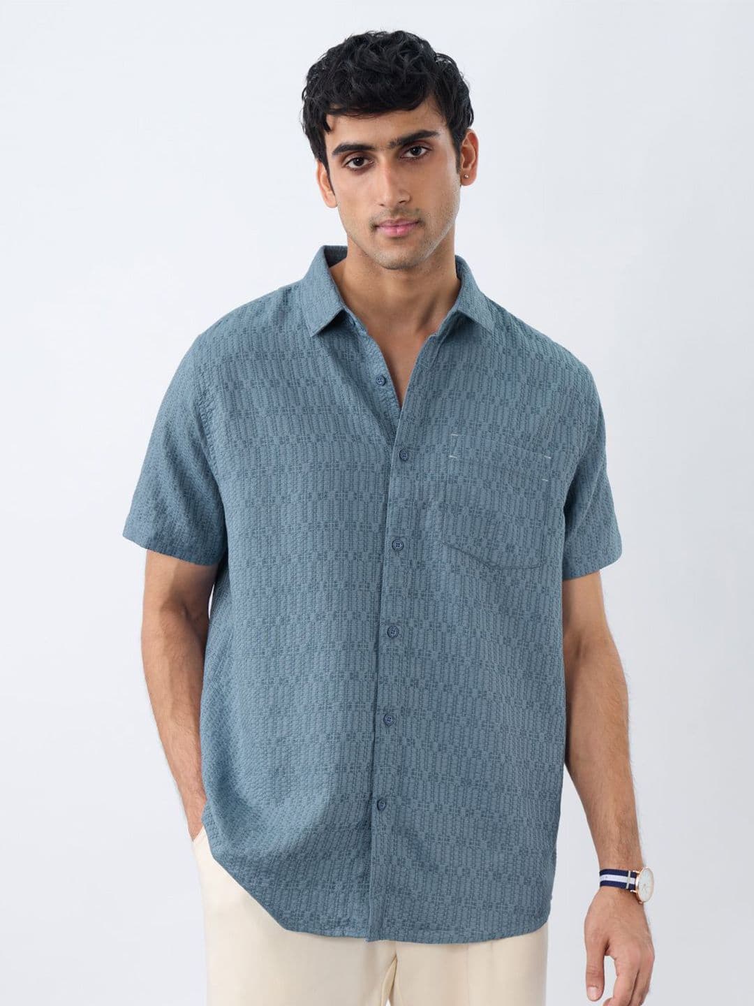 The Souled Store Arctic Ice Men Spread Collar Textured Cotton Regular Fit Shirts - view 1