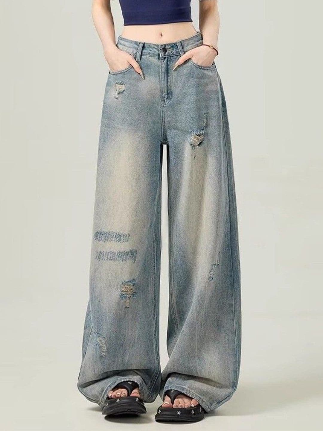 StyleCast x Revolte Women Wide Leg Mid-Rise Mildly Distressed Light Fade Jeans - view 1