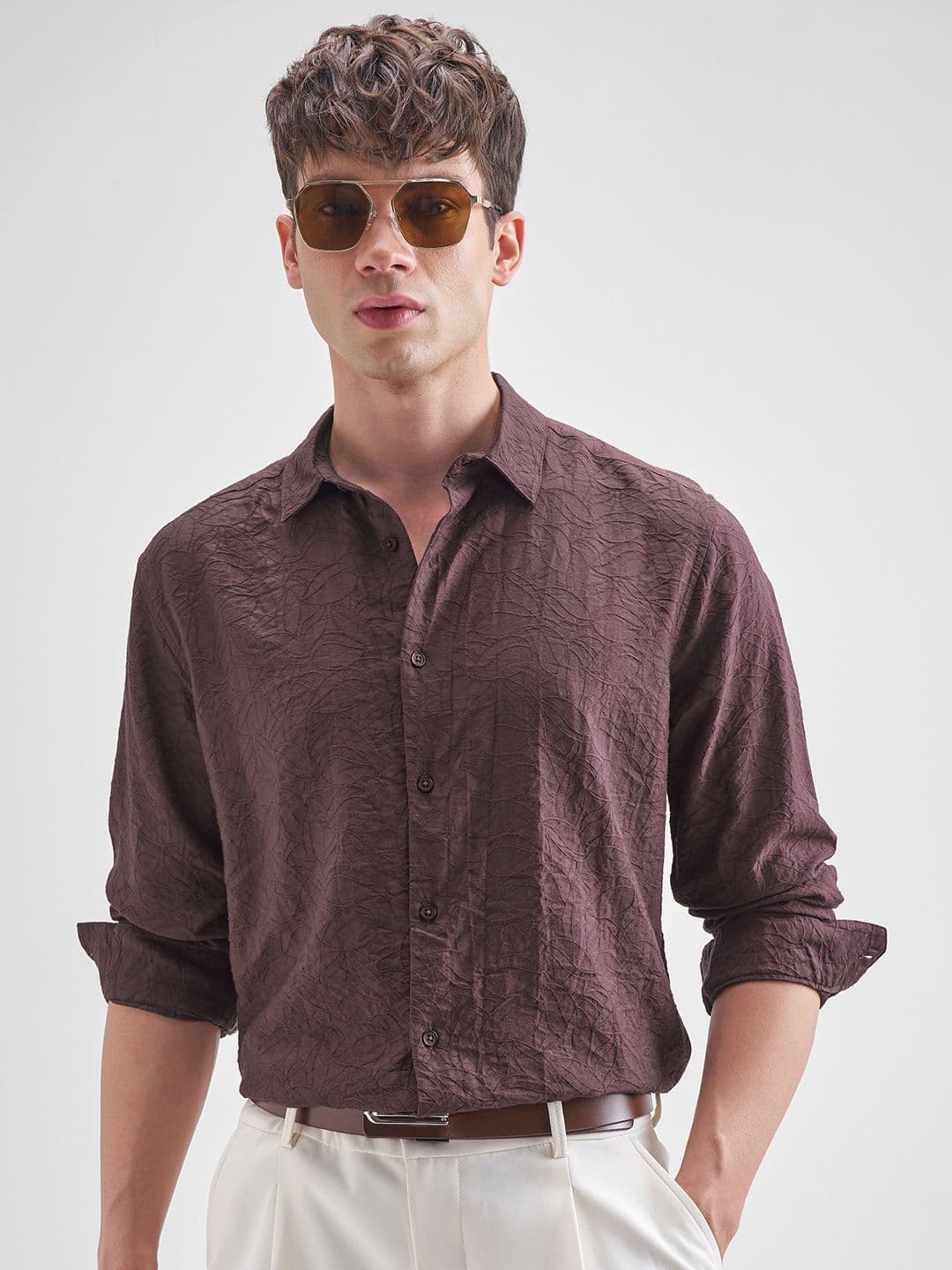 Highlander Men Coffee Brown Jacquard Evening Parti Shirt - view 1