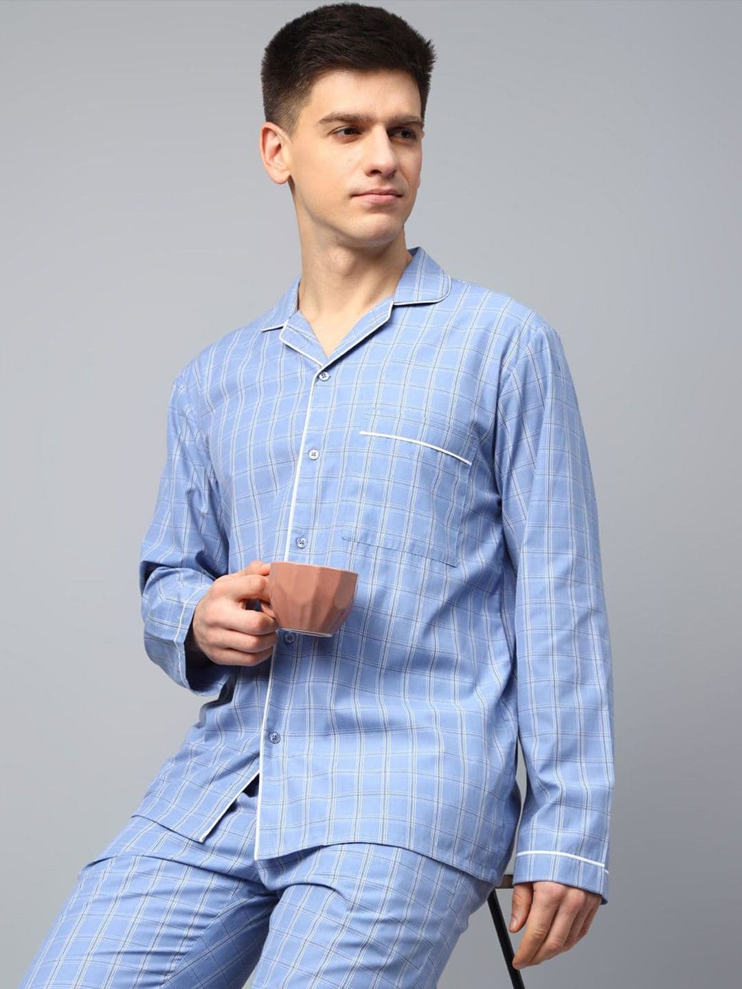 English Navy Men Wrinkle Resistant Checked Lapel Collar Night suit - view 1