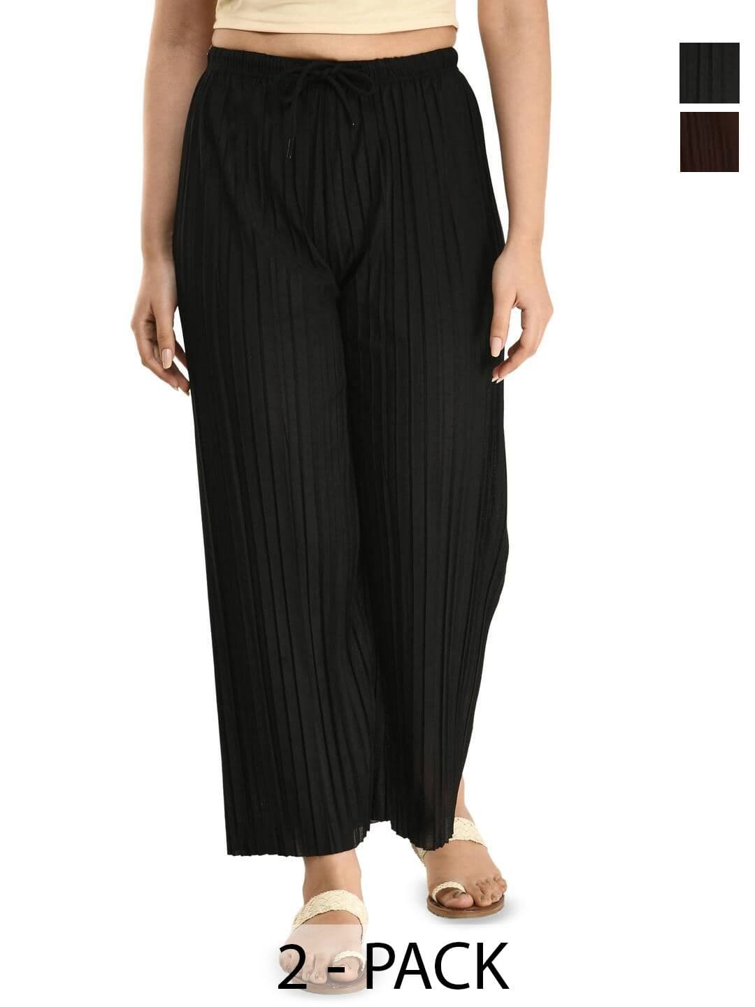 Brainbees Women Pack Of 2 Striped Self Design Straight Palazzos - view 1