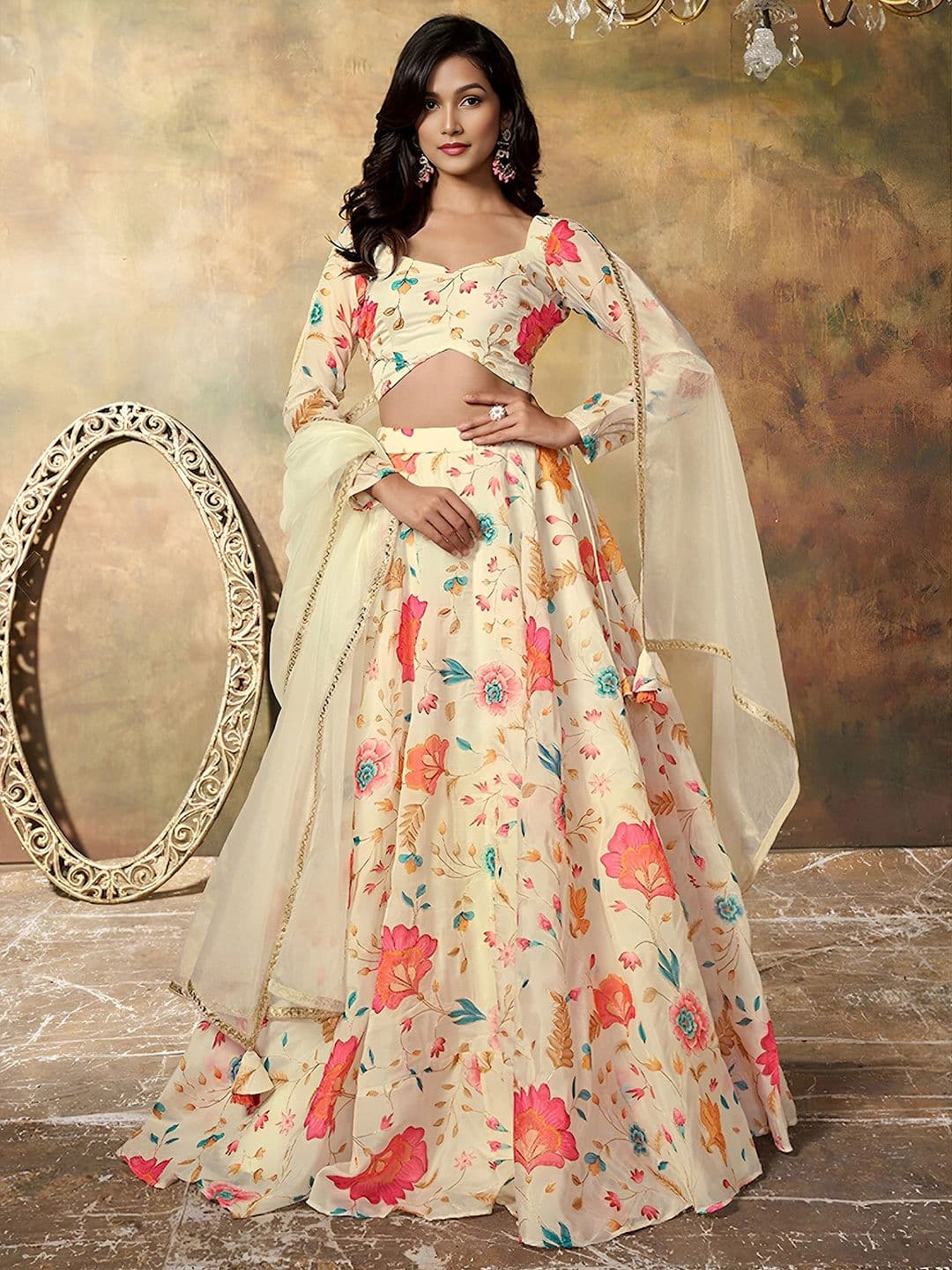 Zeel Clothing Printed Sequinned Organza Lehenga & Unstitched Blouse With Dupatta - view 1