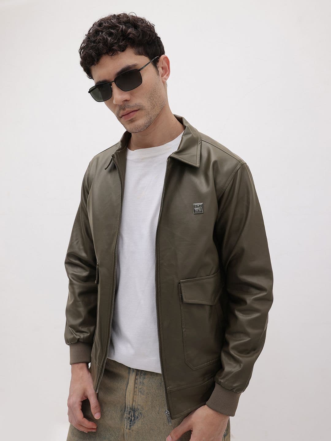 The Roadster Life Co. Spread Collar Faux Leather Trim Bomber Jacket - view 1