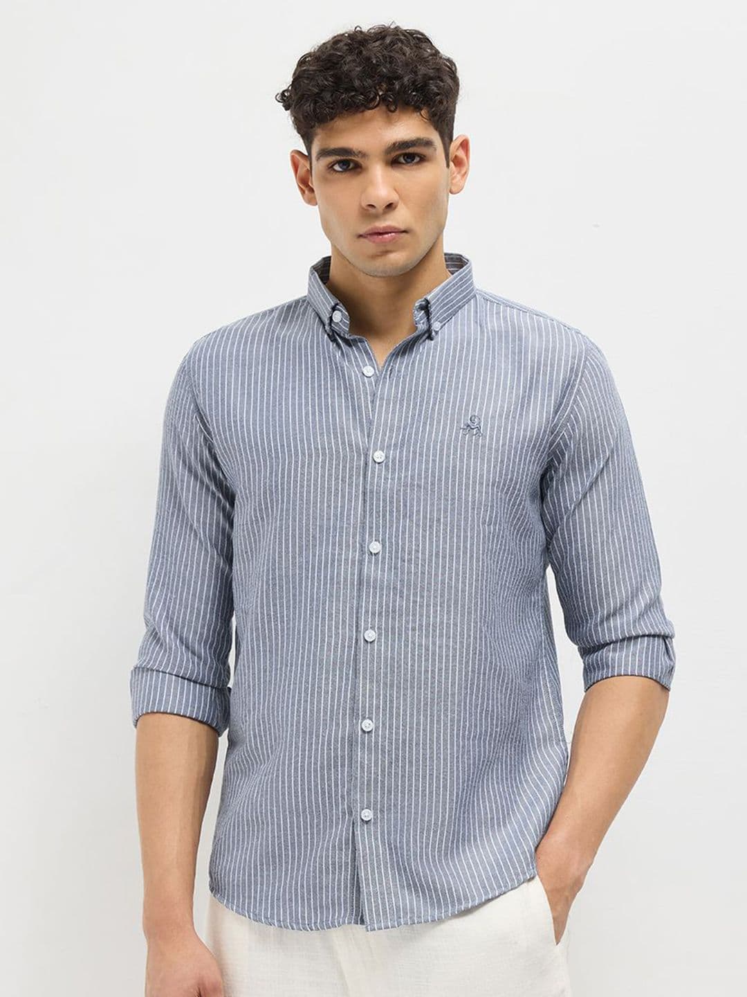 MISCHIEF MONKEY Men Classic Tailored Fit Vertical Striped Pure Cotton Casual Shirt - view 1
