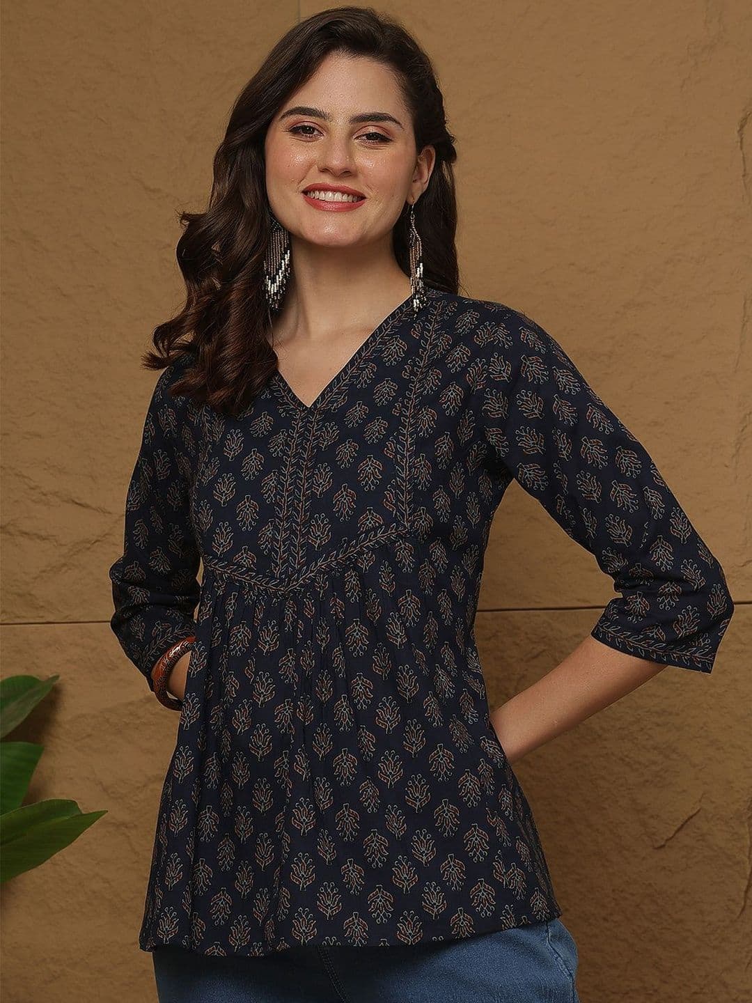 Anouk Rustic Women Ethnic Motifs Printed V-Neck A-Line Cotton Regular Top - view 1