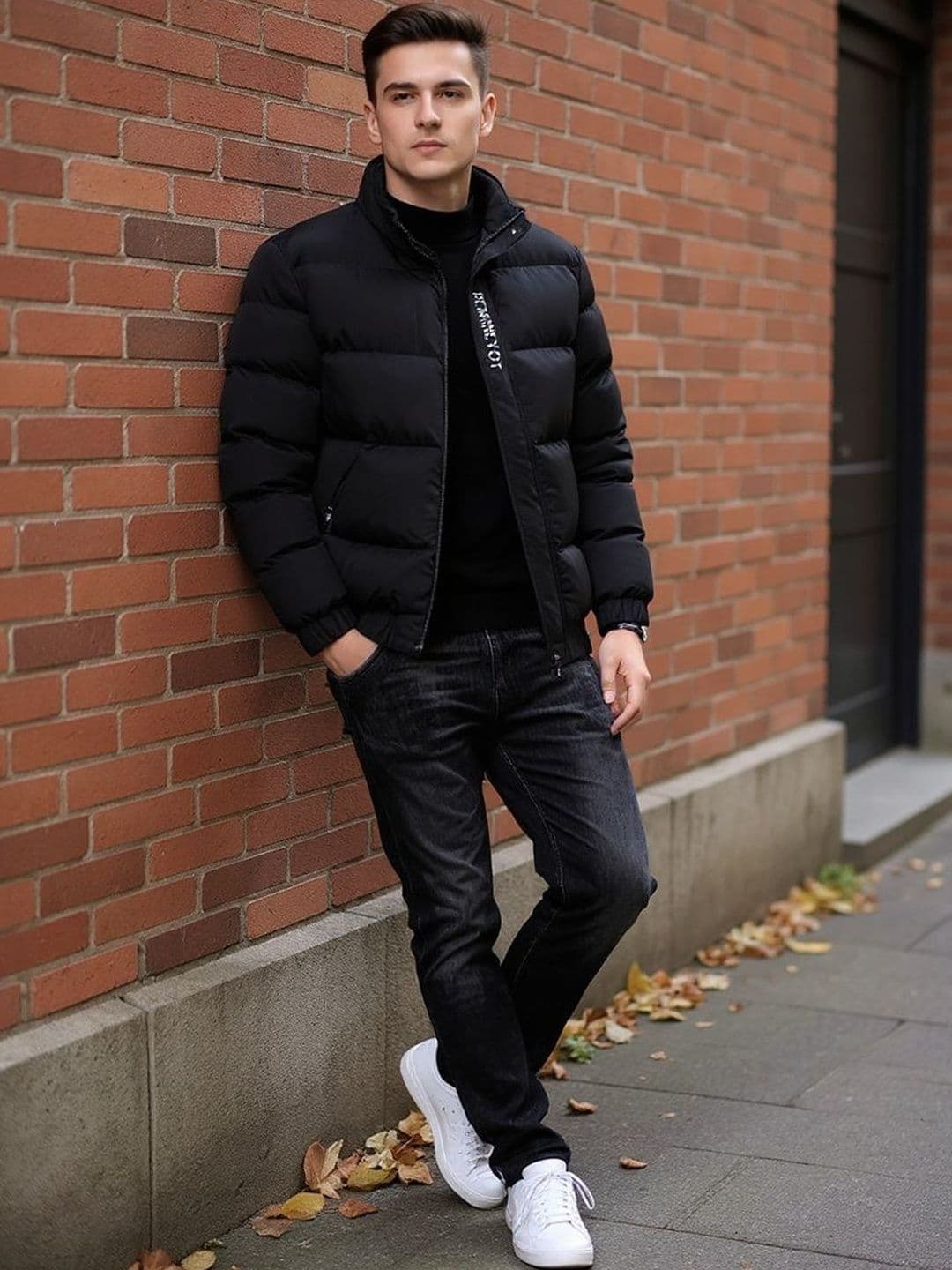 HERE&NOW Men Black Solid Mock Collar Polyester Overcoat Padded Jacket